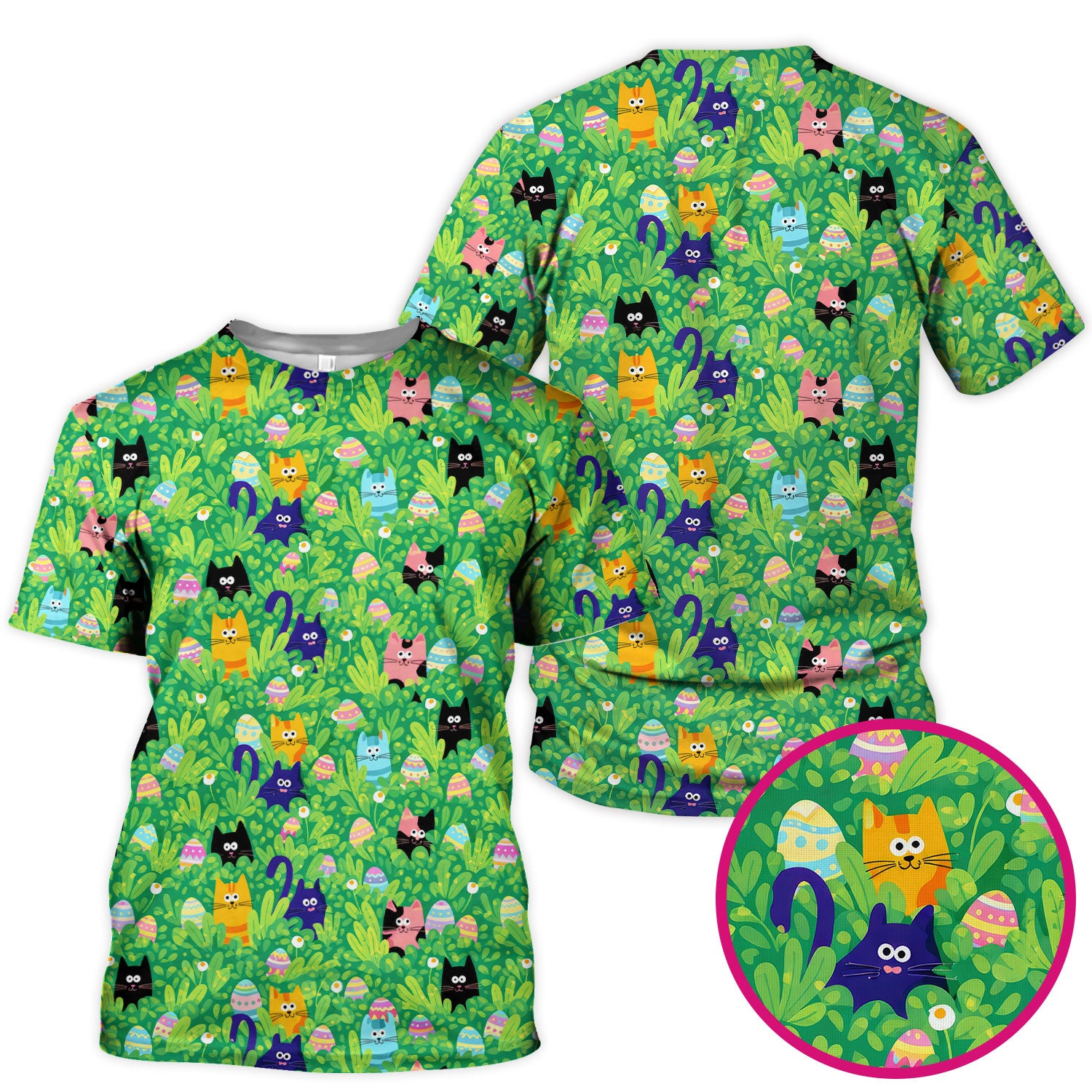 Colorful Easter Cats Green Leaves Print Scrub Top, Comfortable Scrubs for Nurses