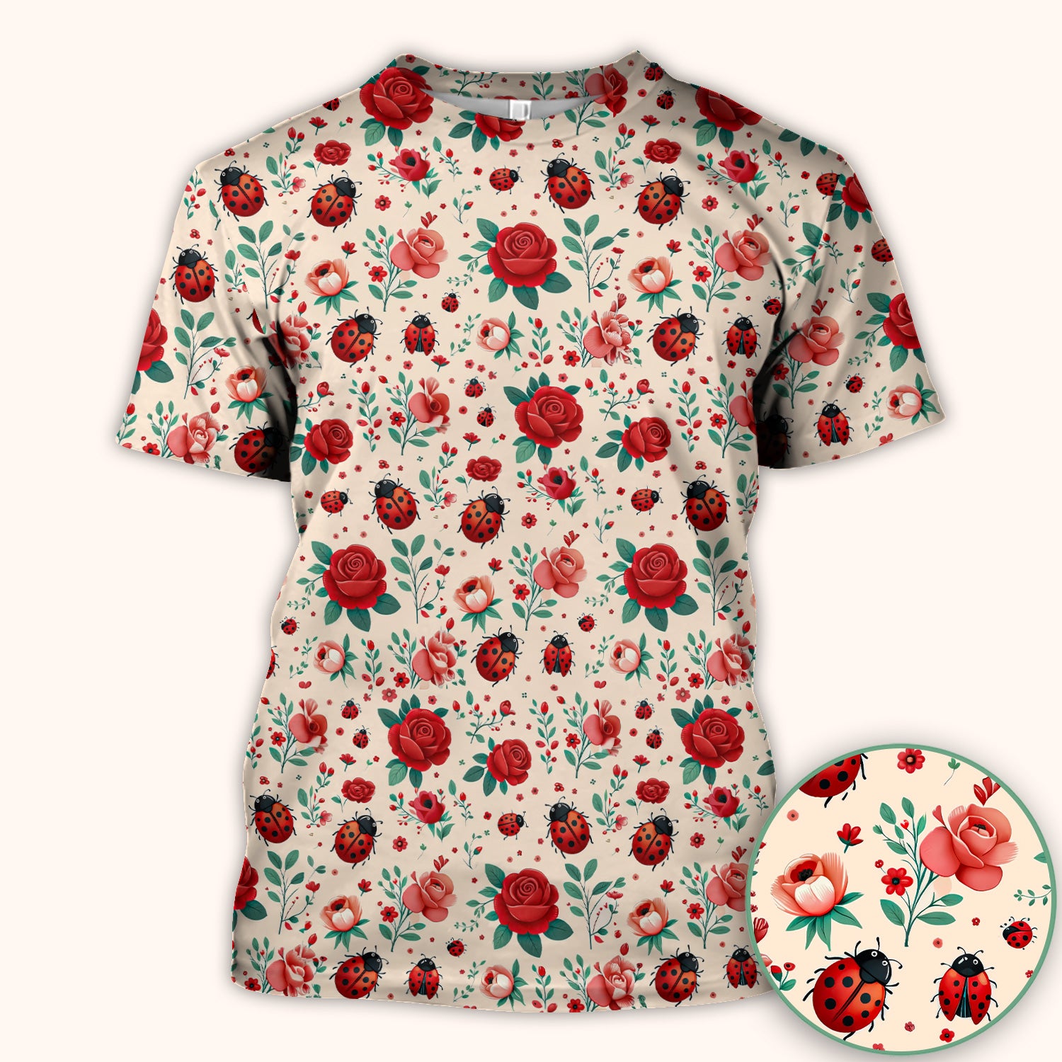 Cute Ladybug Red Rose Floral Pattern Scrub Top, Breathable Fabrics Nursing Uniform