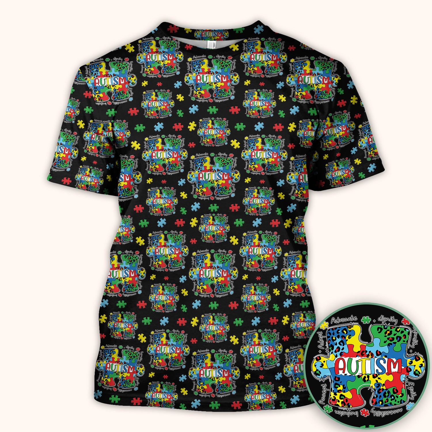 Autism Awareness Puzzle Pattern Scrub Top, Breathable Fabrics Nursing Uniform