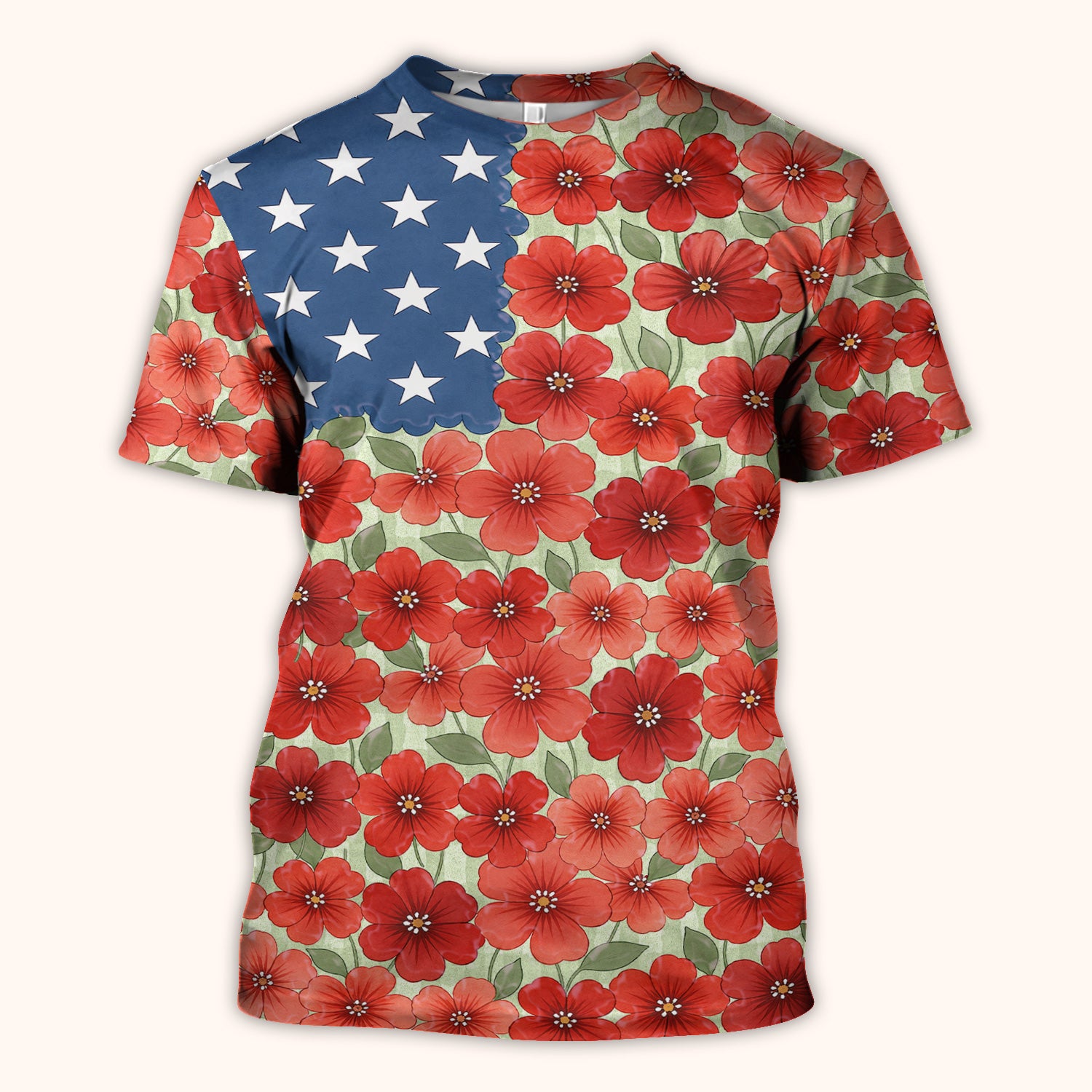 Patriotic USA Flag With Red Floral Blossom Pattern Scrub Top, Comfortable Scrubs for Nurses