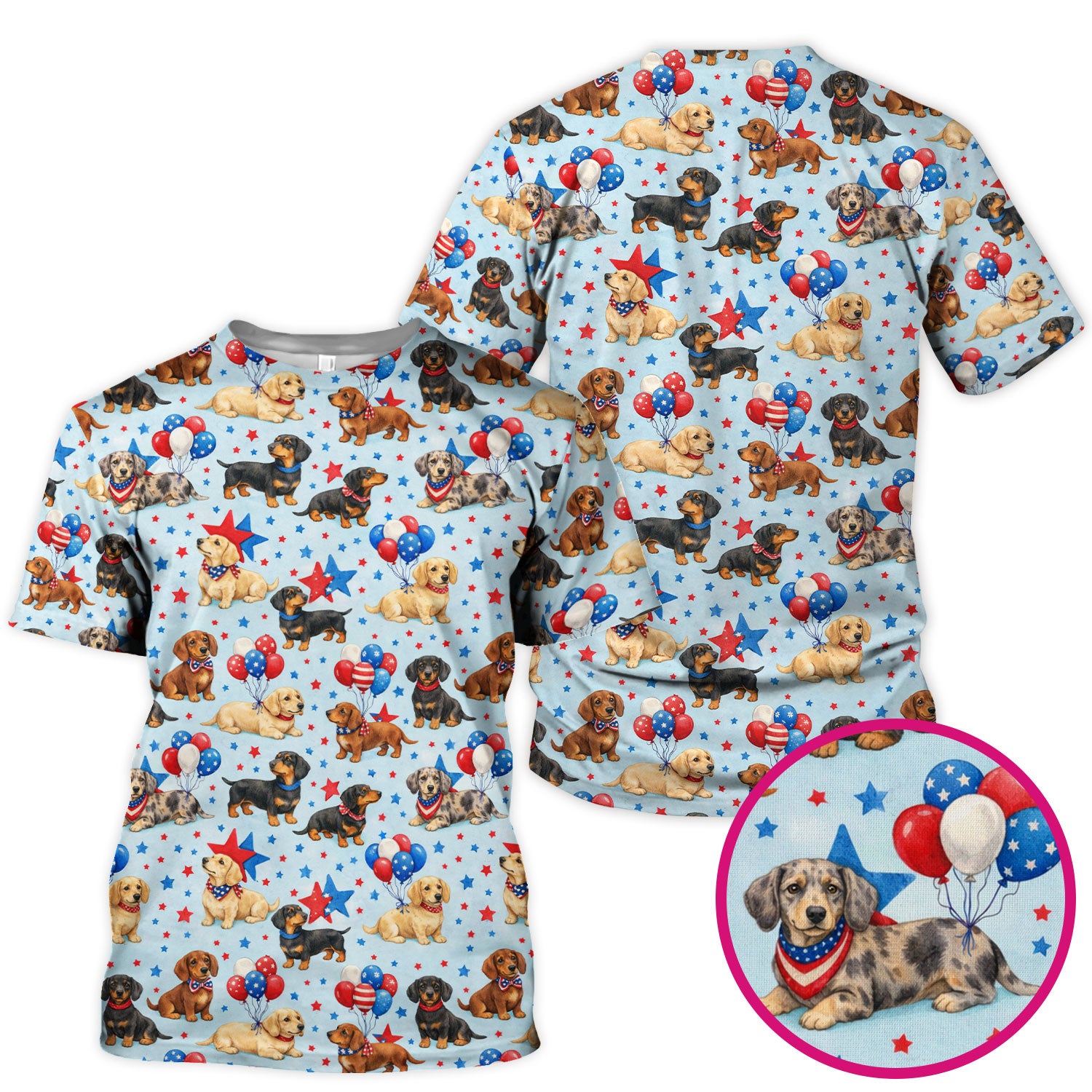 Cute Patriotic Dachshund Balloon Star Pattern Scrub Top, Comfortable Scrubs For Nurses