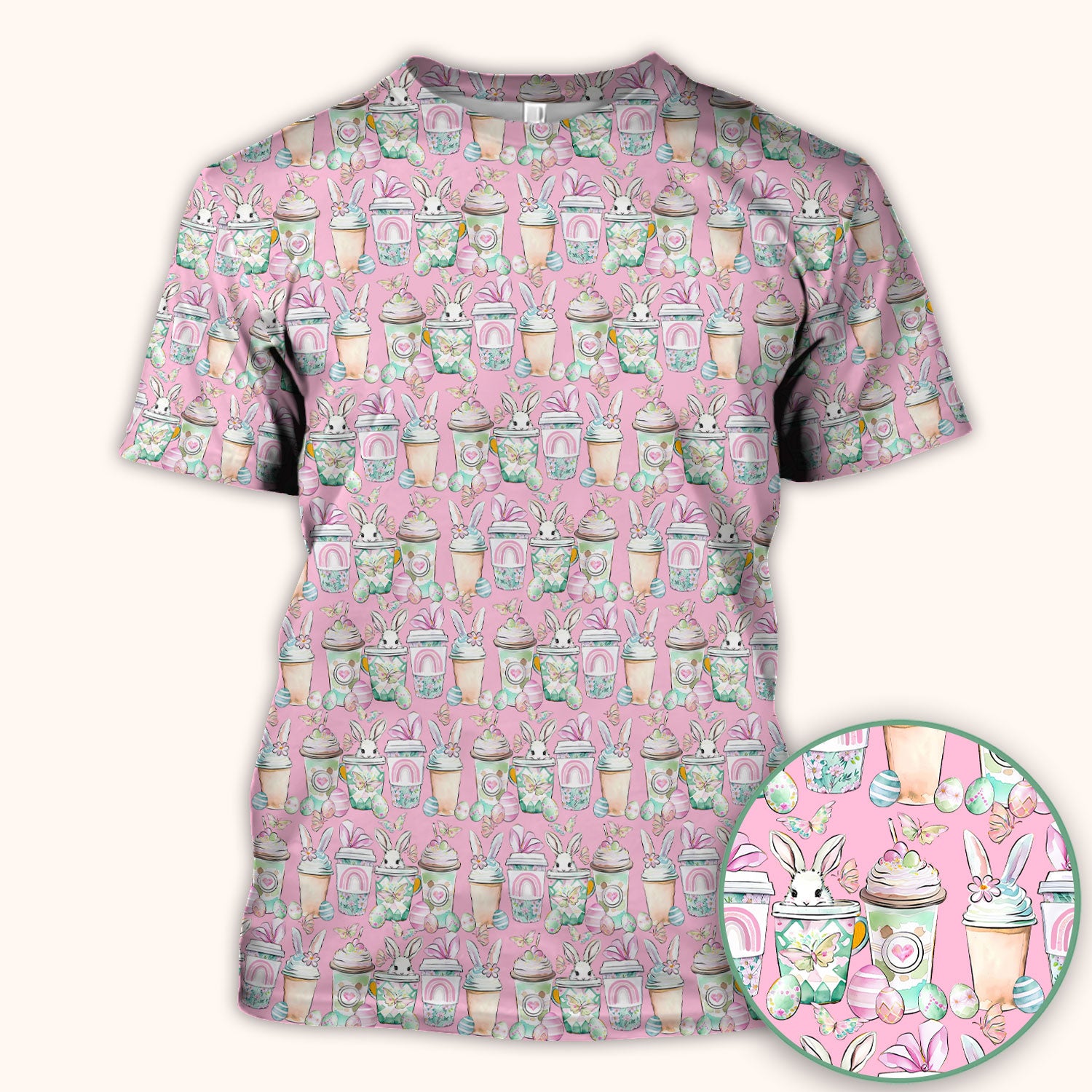 Cute Easter Bunny Coffee Cup Pattern Scrub Top, Comfortable Scrubs for Nurses