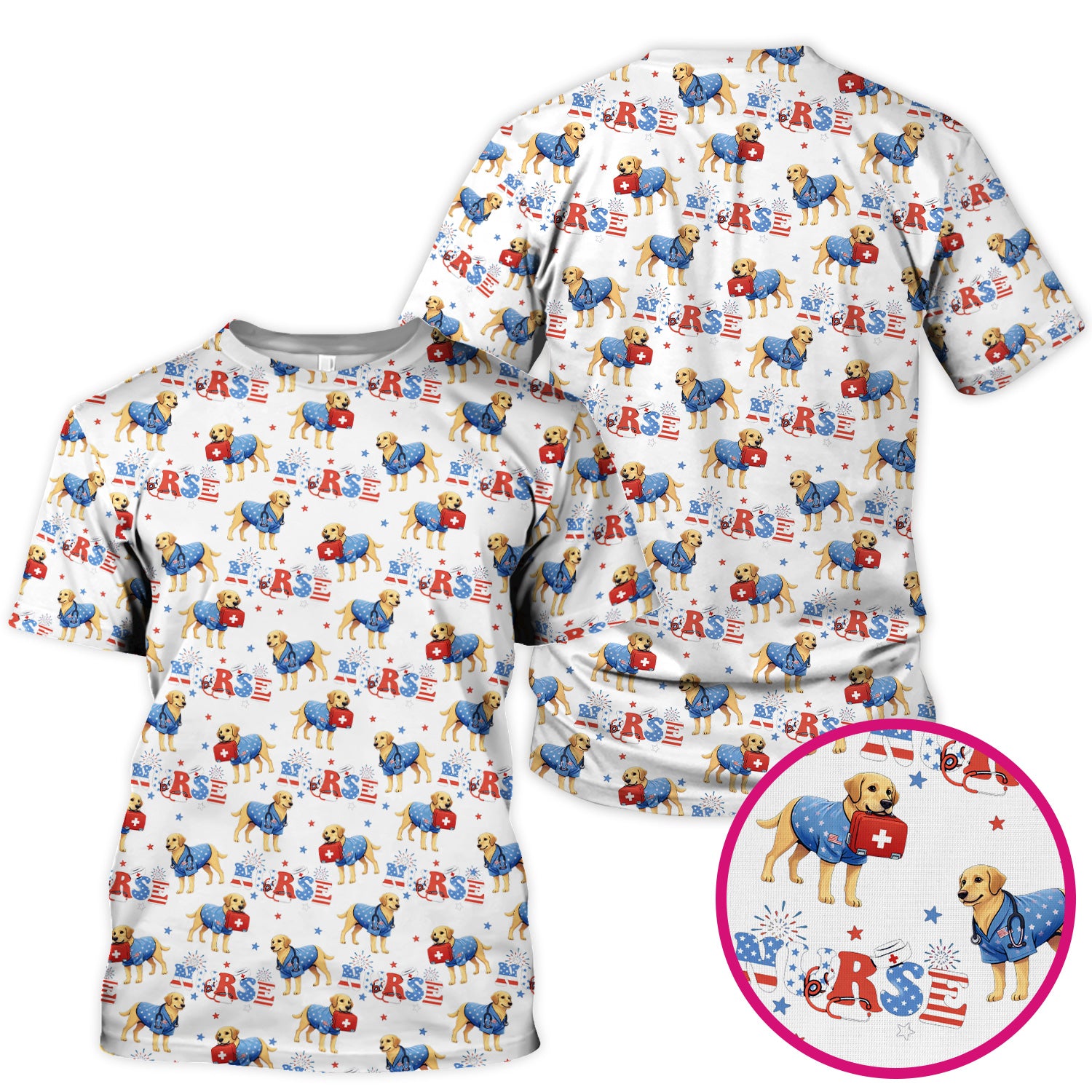 Patriotic Nurse Dog Medical Pattern Scrub Top, Breathable Fabrics Nursing Uniform