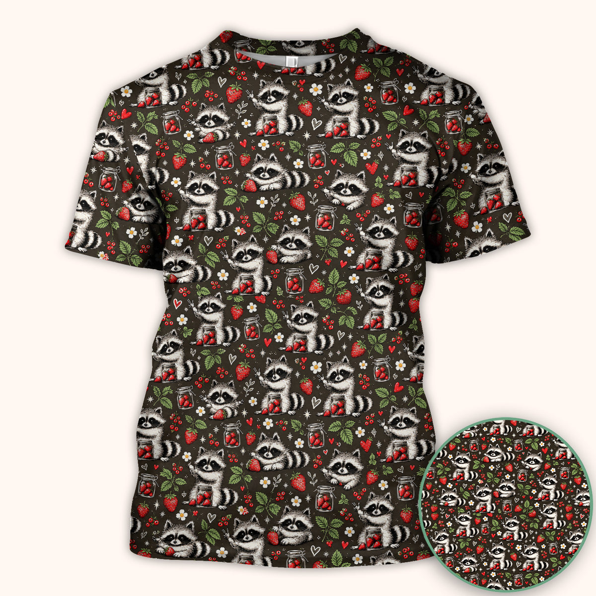 Cute Raccoons And Strawberries Pattern Scrub Top, Comfortable Scrubs for Nurses