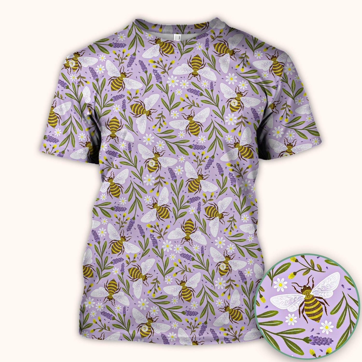 Cute Lavender Bee Floral Pattern Scrub Top, Comfortable Scrubs for Nurses