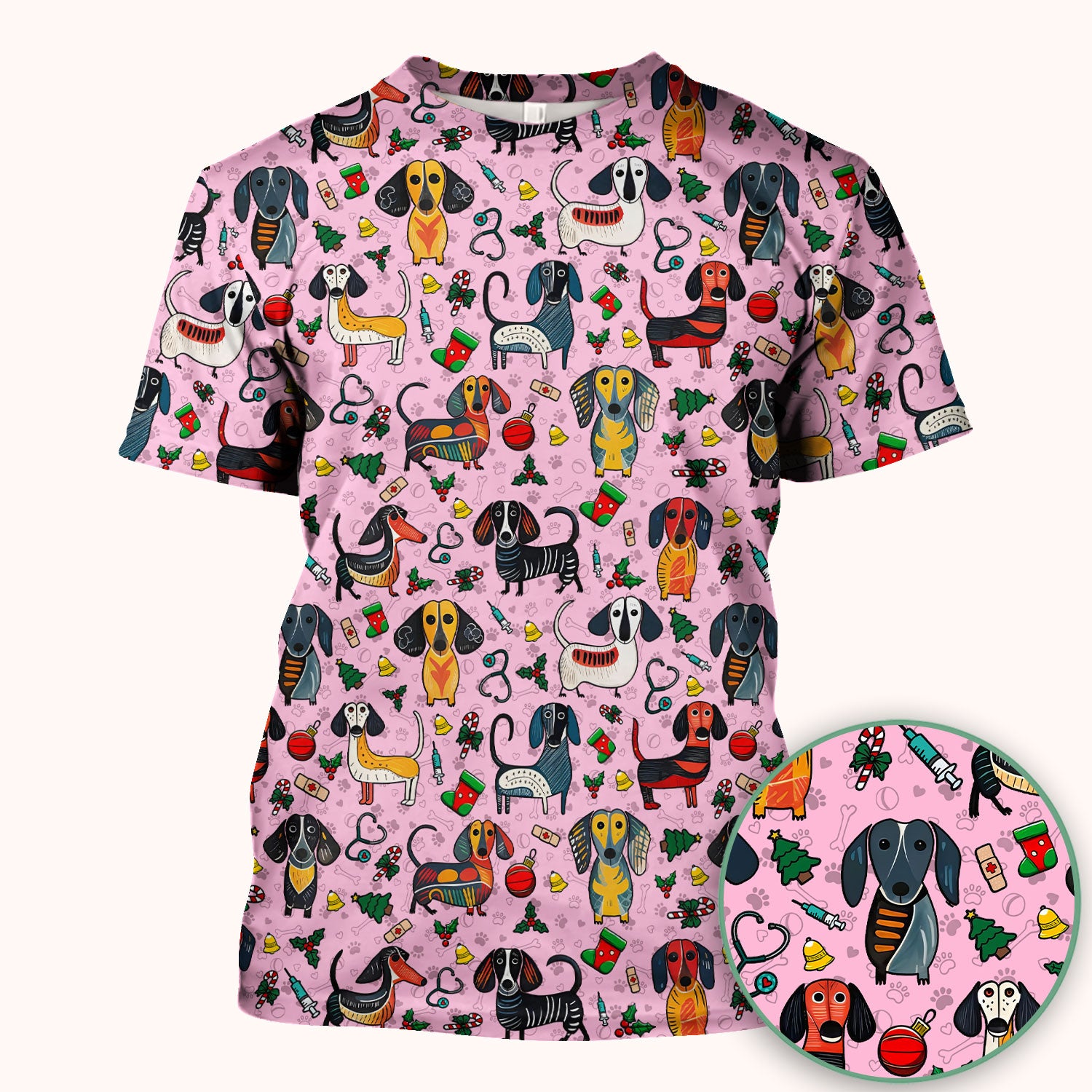 Christmas Wiener Dog Scrub Top - Funny Sausage Dog Nurse Shirt for Women - Holiday Medical Uniform