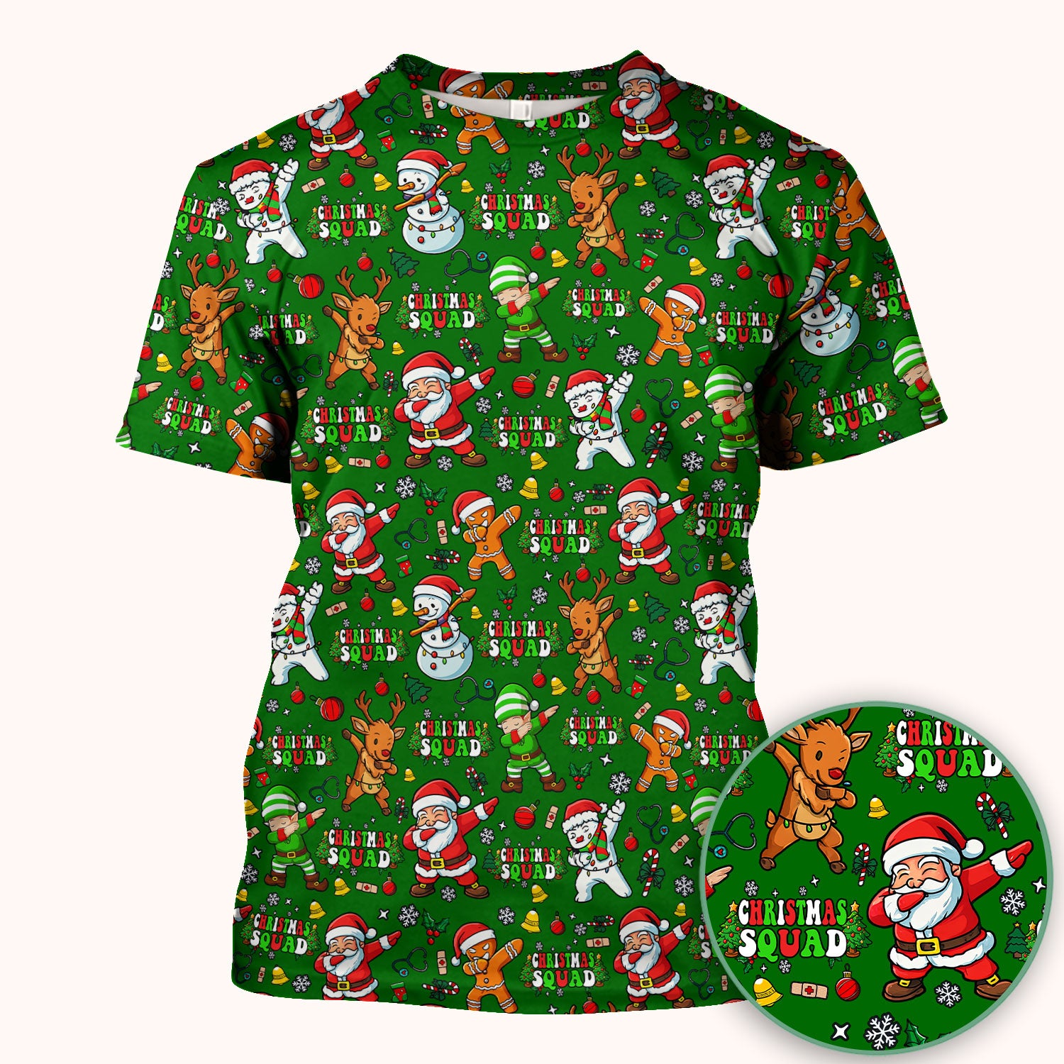 Christmas Squad Scrub Top - Dancing Santa, Reindeer & Elf Shirt - Funny Holiday Medical Uniform for Nurses, Doctors & Vet Techs
