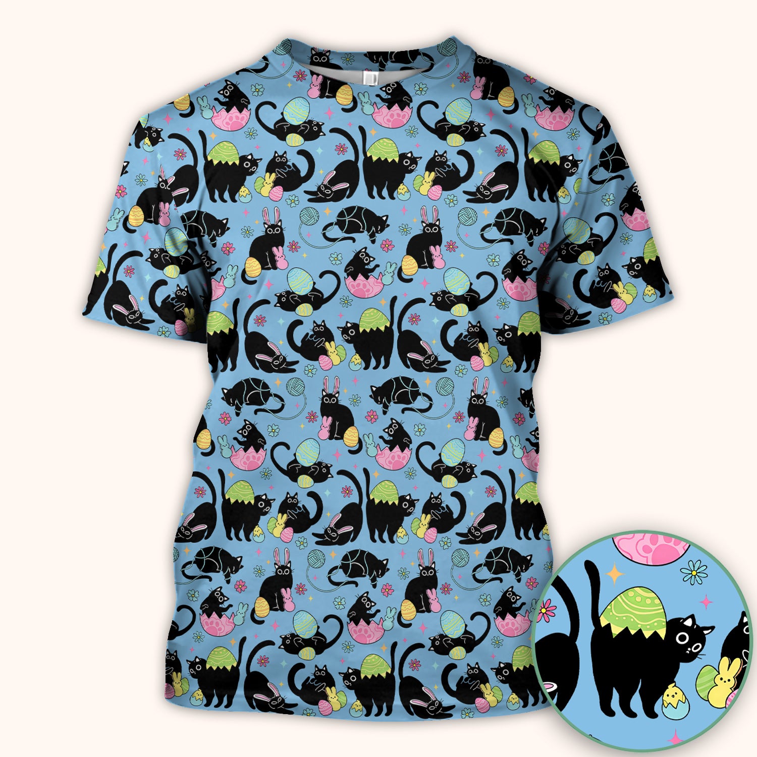 Funny Easter Black Cat Egg Pattern Scrub Top, Breathable Fabrics Nursing Uniform
