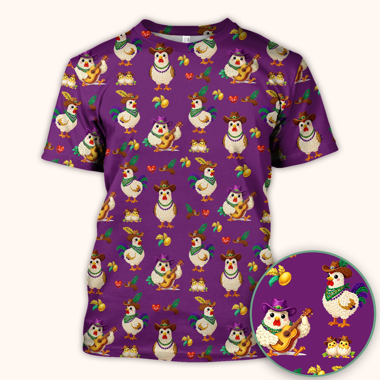 Funny Mardi Gras Rooster Cowboy Print Scrub Top, Comfortable Scrubs for Nurses