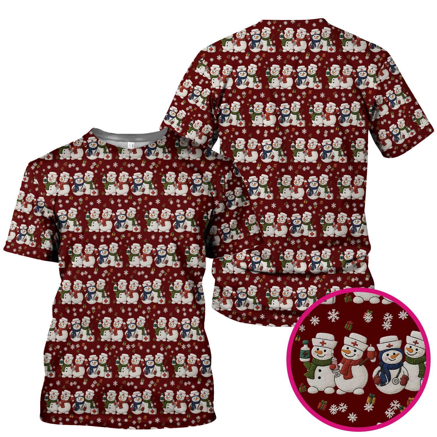 Cute Christmas Snowman Nurse Pattern Scrub Top, Breathable Fabrics Nursing Uniform