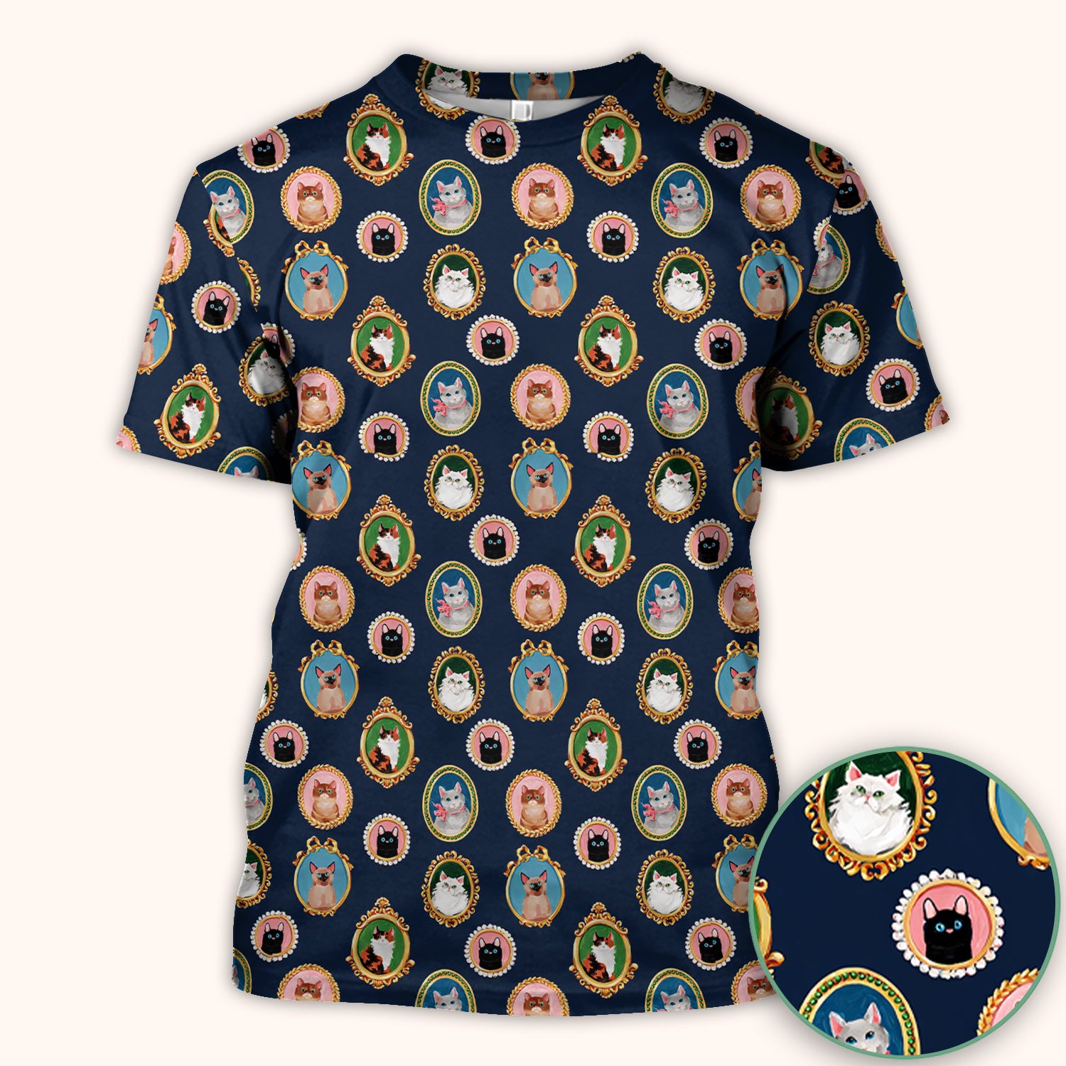 Vintage Cat Portrait Pattern Scrub Top, Breathable Medical Uniform Top