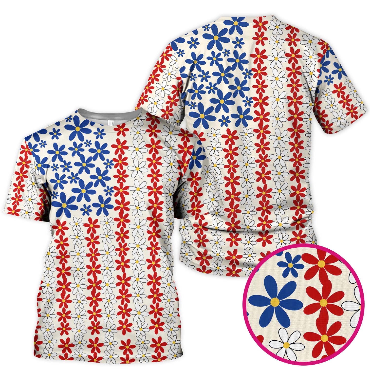 Retro Red Blue Daisy Stripe Pattern Scrub Top, Comfortable Scrubs for Nurses