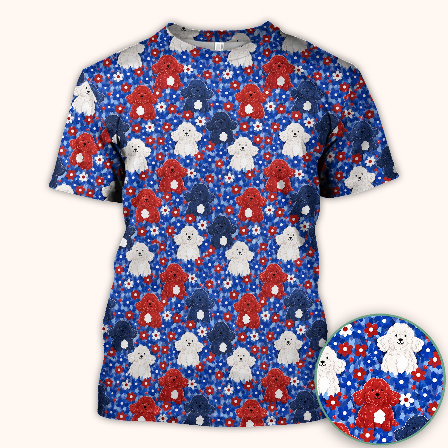 Cute Poodle Floral Garden Print Scrub Top, Comfortable Scrubs for Nurses