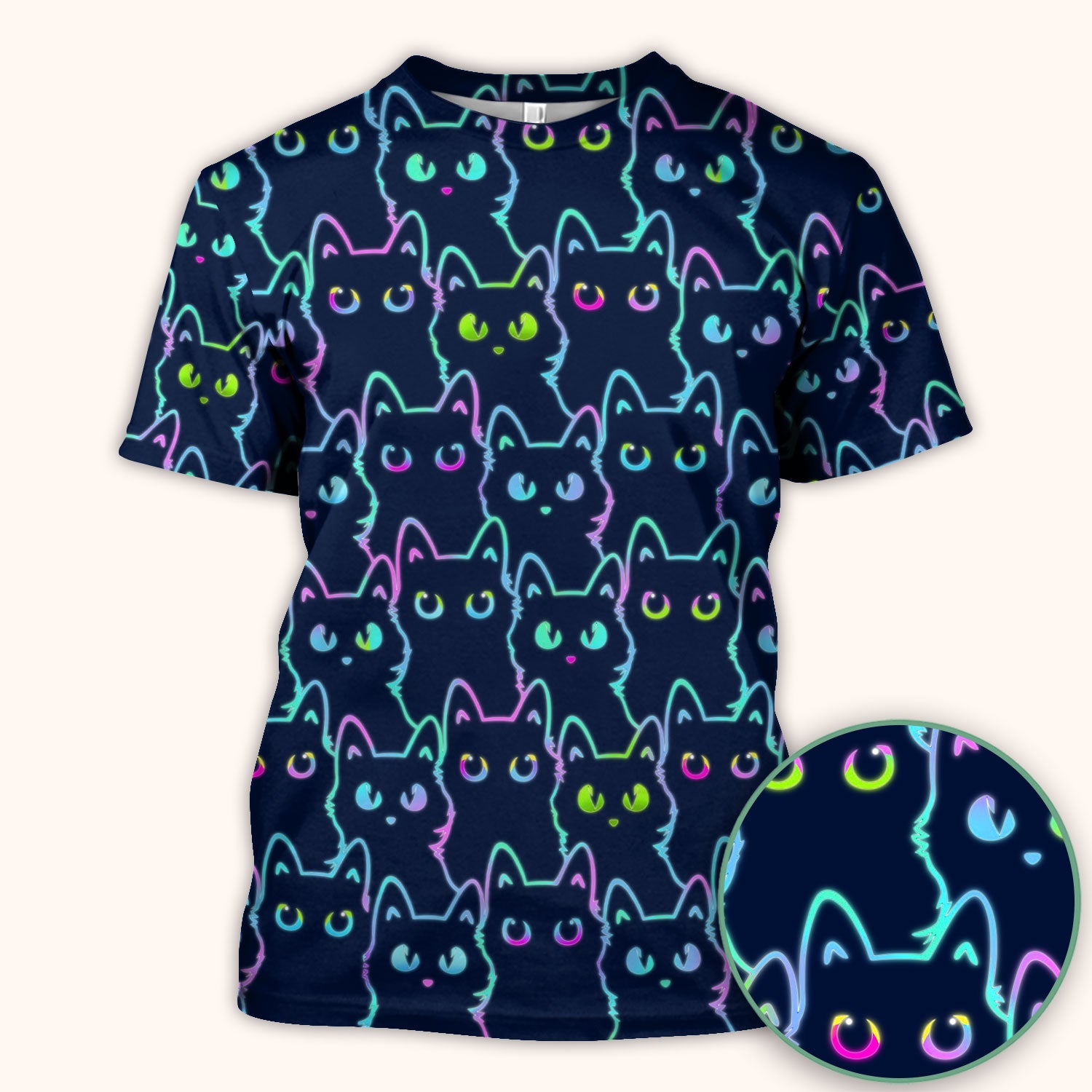 Neon Cat Pattern Scrub Top, Black Cat Scrub Shirt, Breathable Fabrics Nursing Uniform