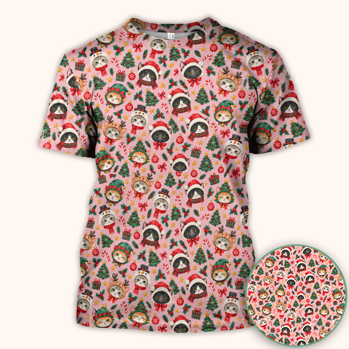 Christmas Cats And Trees Pattern Scrub Top, Comfortable Scrubs for Nurses