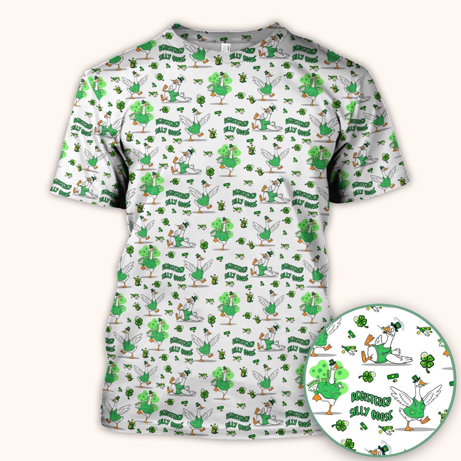 Silly Goose St. Patrick’s Day Scrub Top, Funny Goose Shamrock Pattern Nurse Scrub Shirt, Irish Green Nursing Uniform