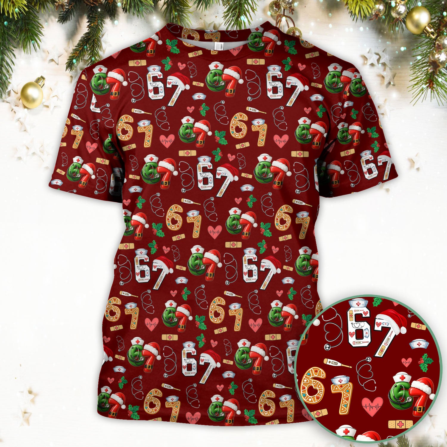 Christmas Nurse 67 Pattern Scrub Top, Cute Holiday Medical Shirt With Santa Hat, Uniform For Nursing