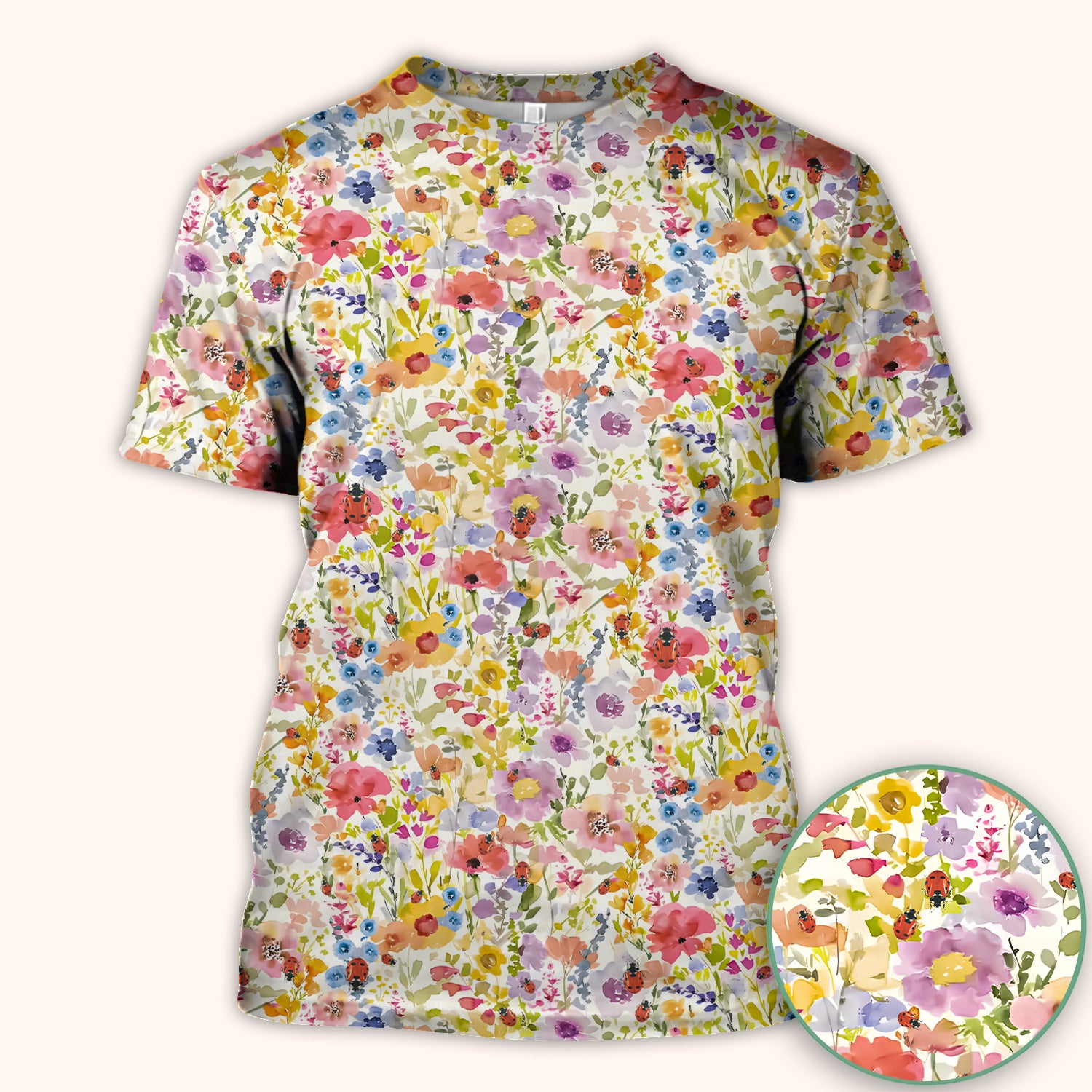 Cute Wildflower Ladybug Garden Pattern Scrub Top, Comfortable Scrubs for Nurses
