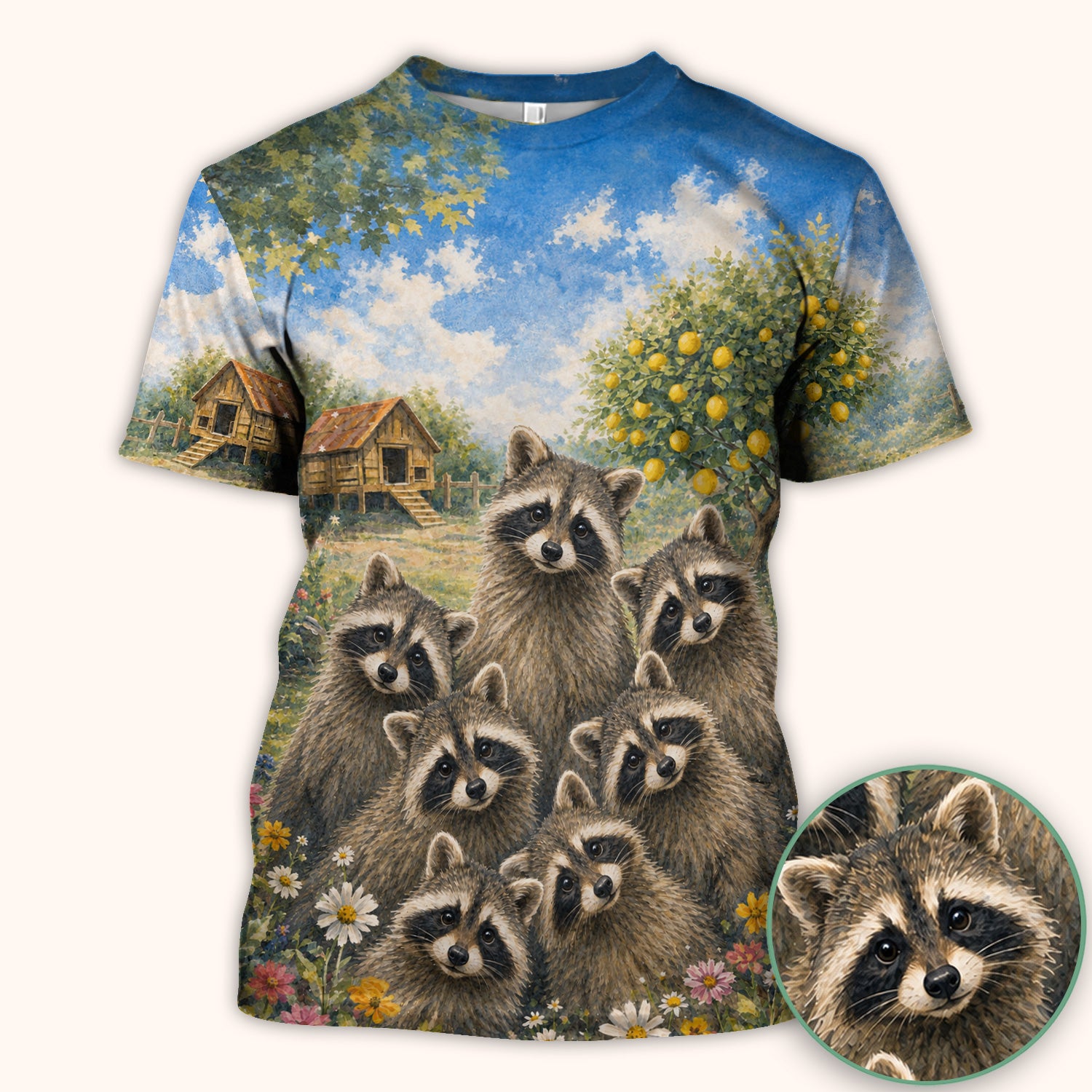 Adorable Raccoon Family Garden Pattern Scrub Top, Comfortable Scrubs for Nurses