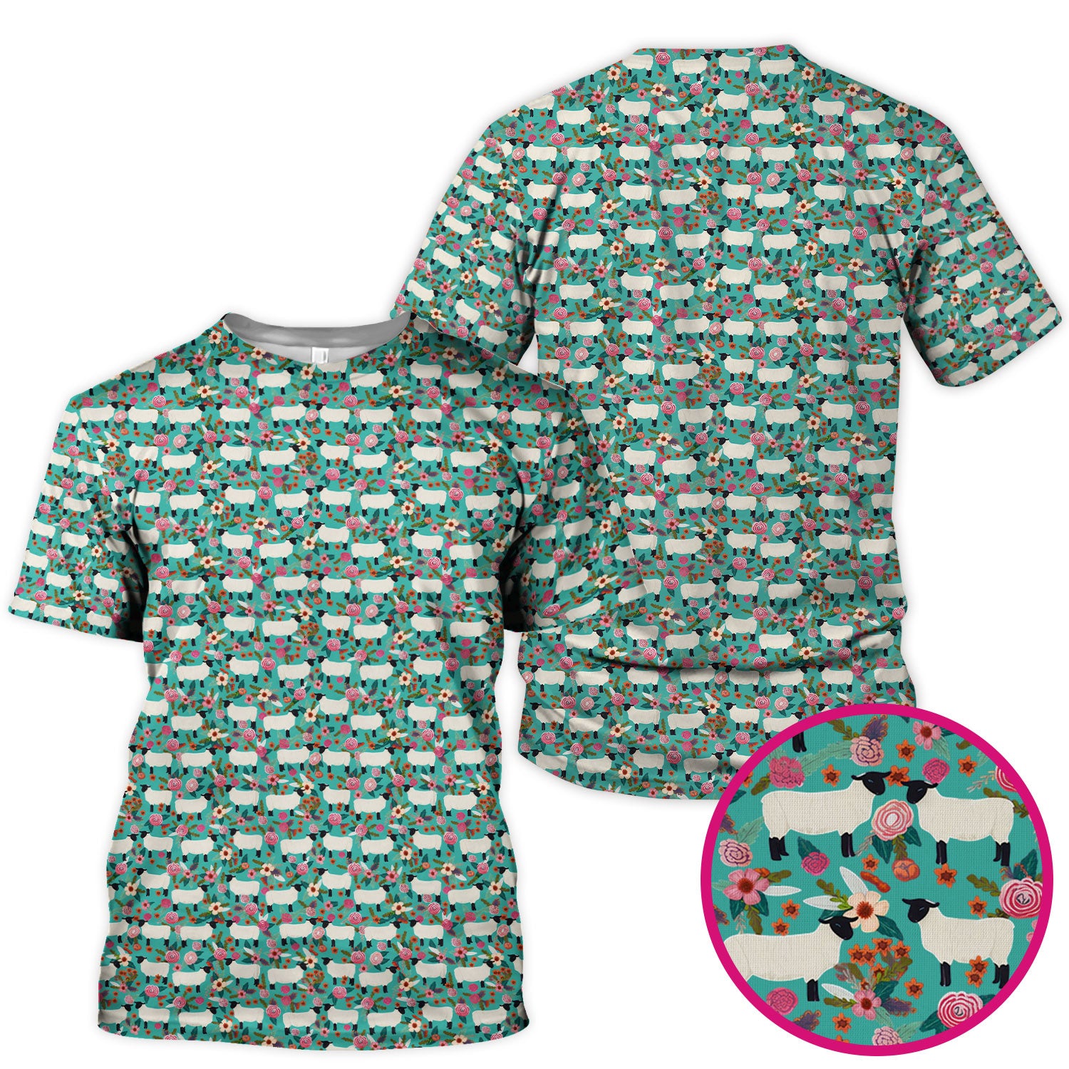 Cute Sheep Floral Meadow Pattern Scrub Top, Comfortable Scrubs For Nurses