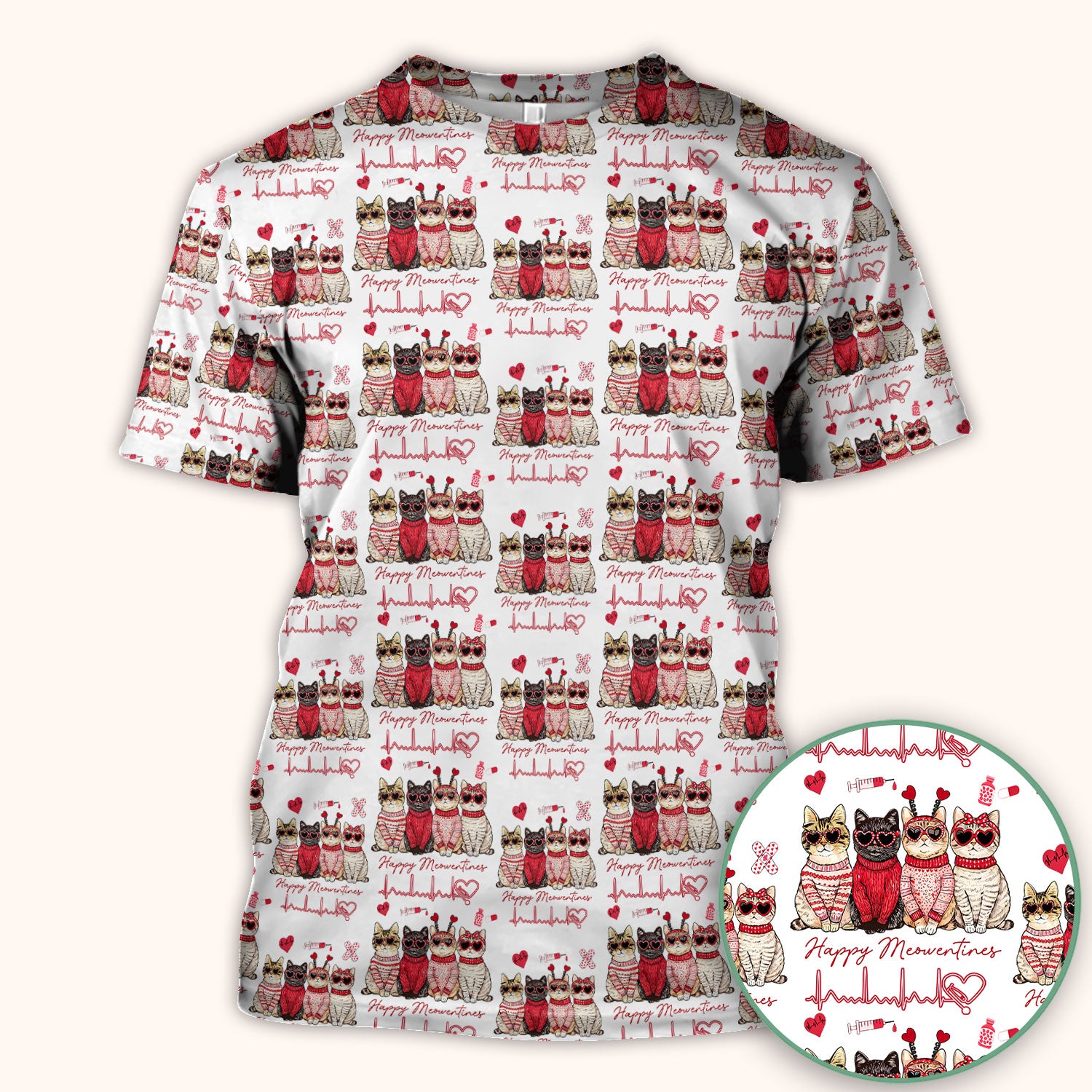 Happy Meowtines Cat Pattern Scrub Top, Valentine Cat Lover Nurse Scrub Shirt, Heartbeat Medical Pattern Nursing Uniform