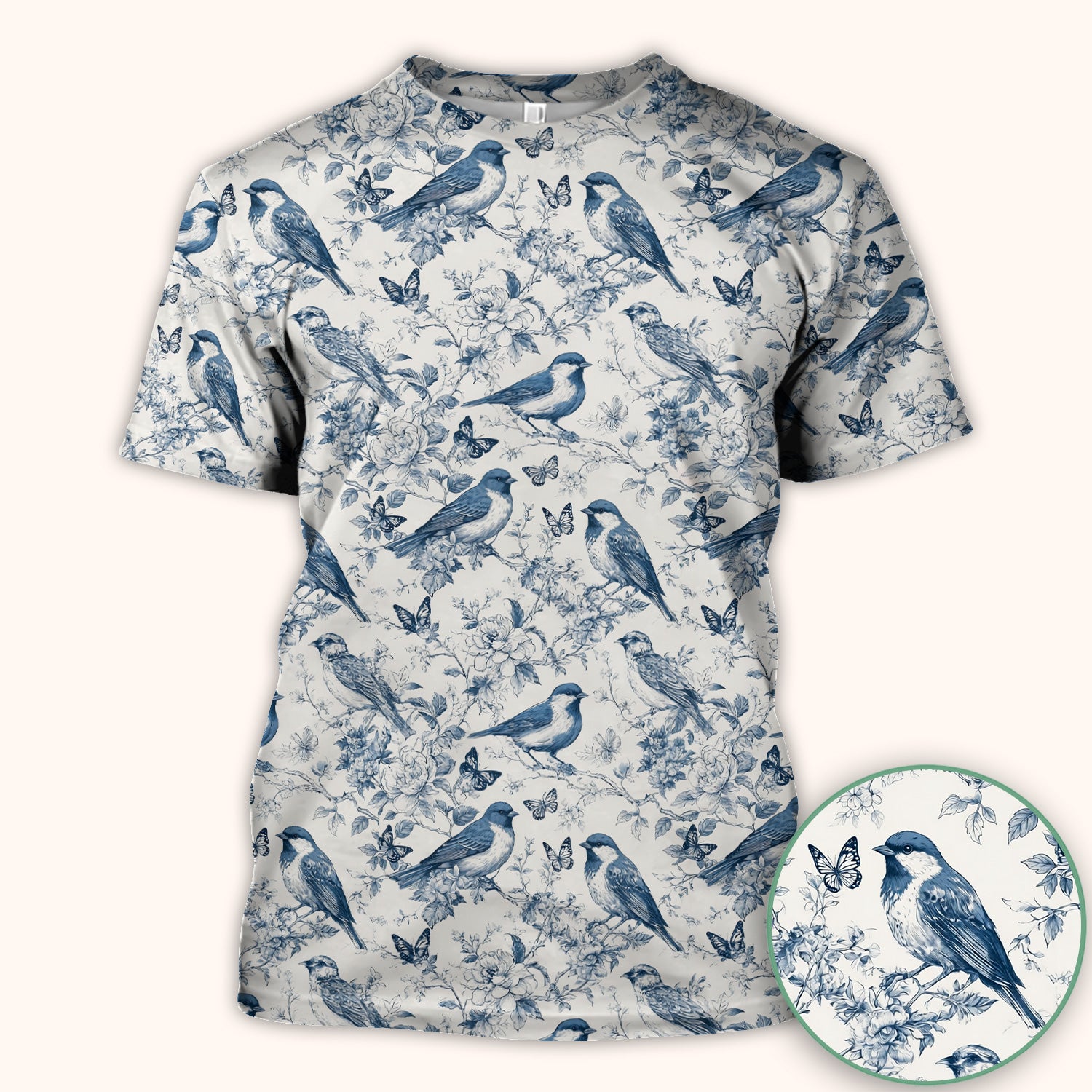 Blue Toile Songbird With Butterfly Print Scrub Top, Comfortable Scrubs for Nurses