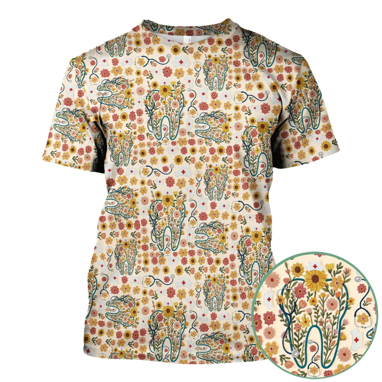 Boho Floral Tooth Scrub Top - Aesthetic Dental Scrubs for Women - Cute Flower Tooth Pattern Medical Uniform - Hygienist Christmas Gift