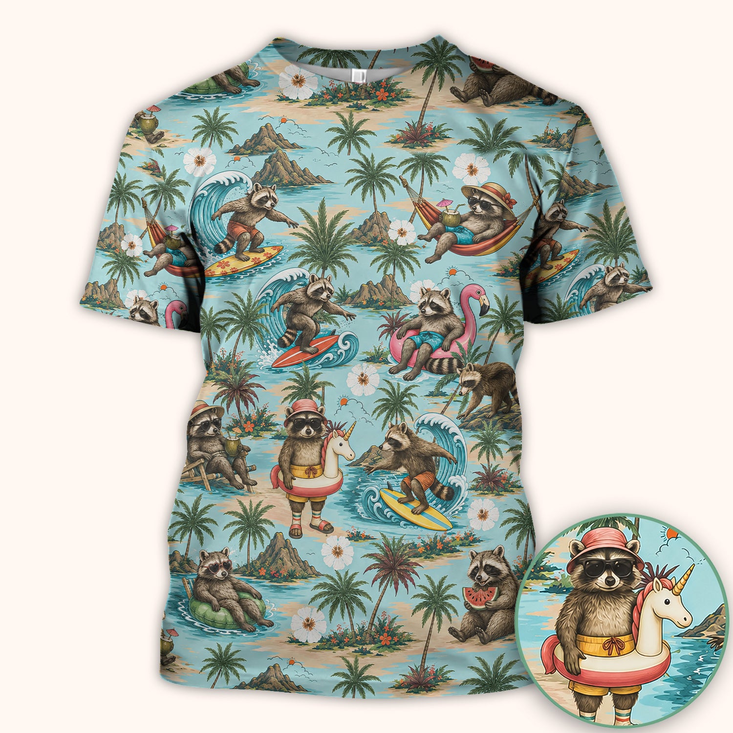 Tropical Raccoon with Surfing Island Beach Print Scrub Top, Comfortable Scrubs for Nurses
