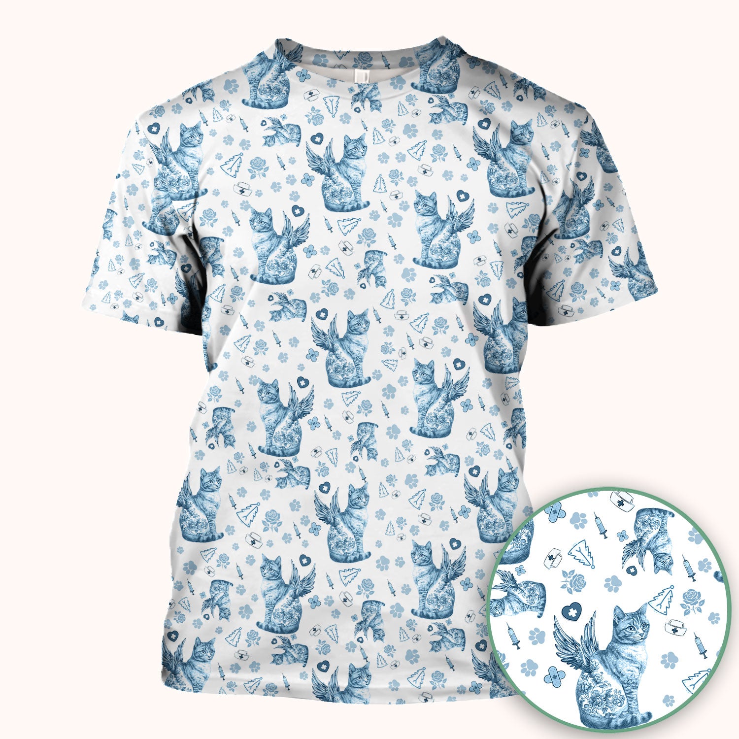 Toile de Jouy Cat Angel Scrub Top - Blue Vintage Nurse Shirt - French Style Medical Uniform for Women RN LPN CNA Gift