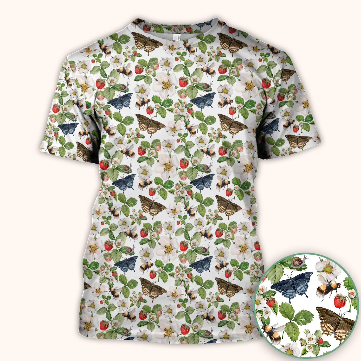 Charming Strawberry Butterfly Garden Pattern Scrub Top, Comfortable Scrubs for Nurses