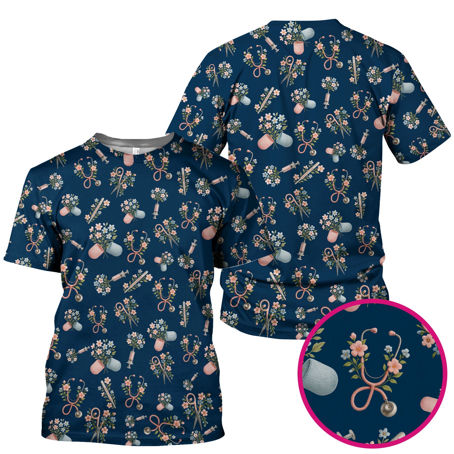 Floral Medical Scrub Top, Elegant Stethoscope With Flower Nursing Shirt, Breathable Fabrics Nurse Uniform