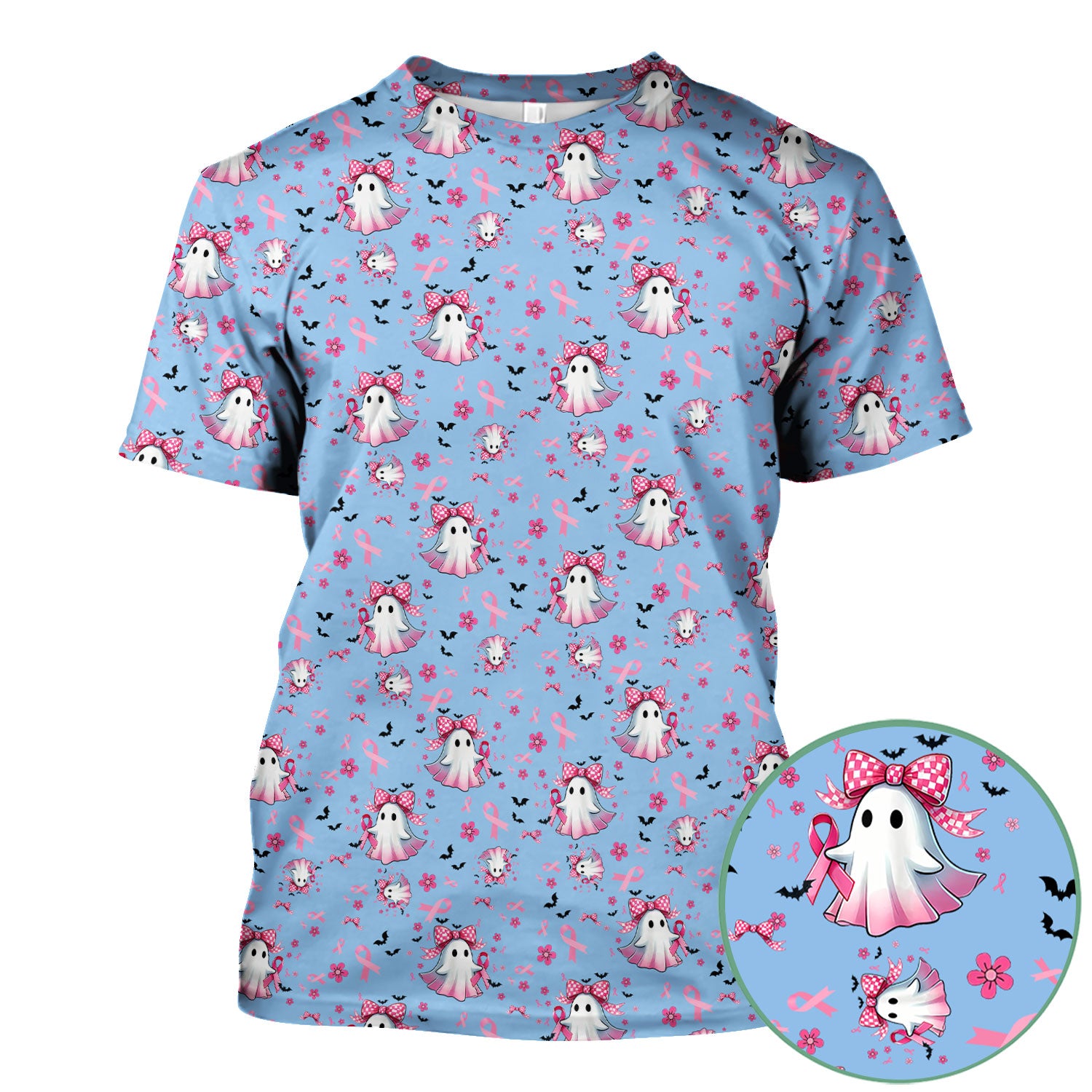 Breast Cancer Awareness Ghost Scrub Top for Women - Pink Ribbon Halloween Nurse Shirt - Cute Spooky Medical Uniform RN LPN CNA Gift