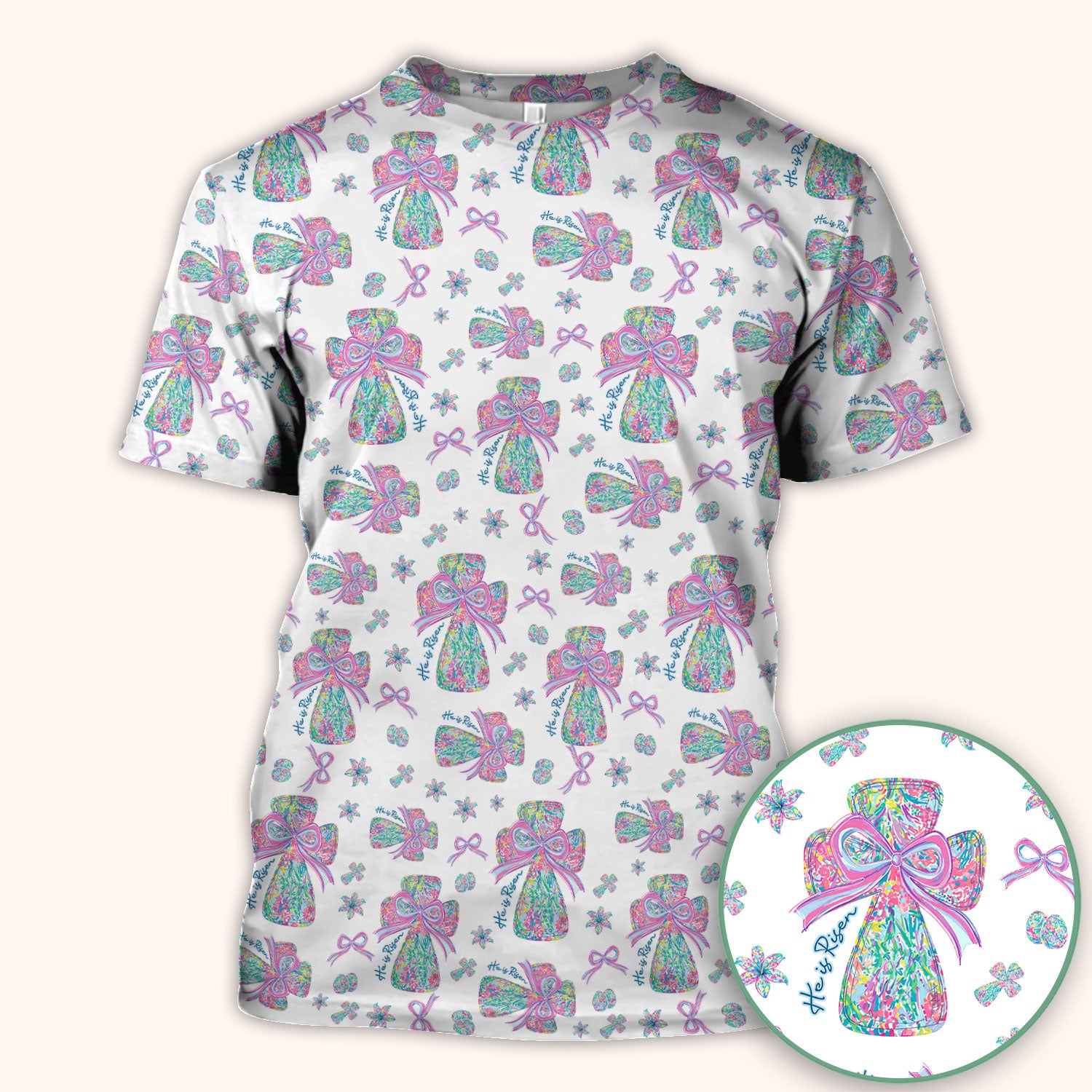 Colorful Bow Pattern Scrub Top, Breathable Fabrics Nursing Uniform