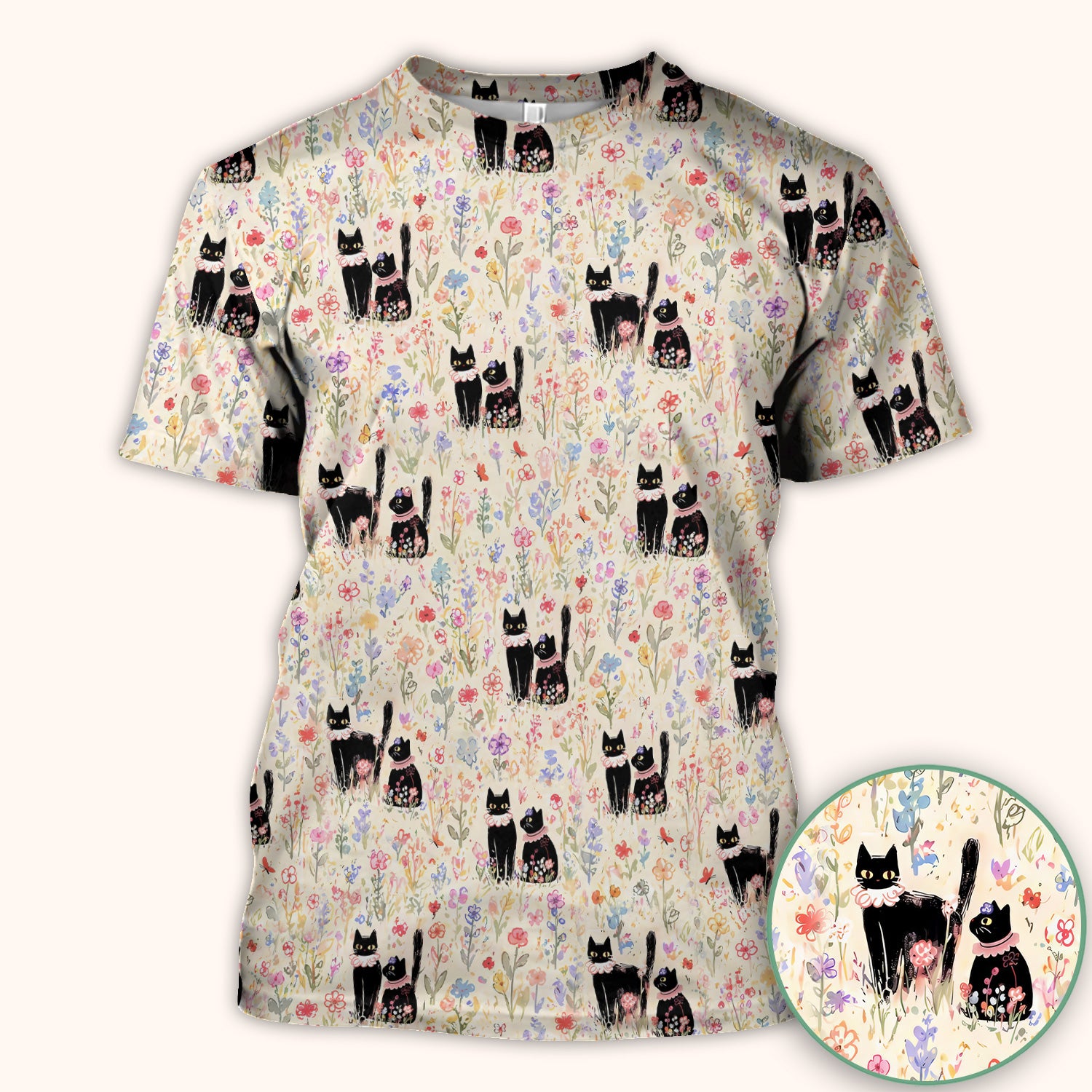 Cute Black Cats Wildflower Garden Pattern Scrub Top, Comfortable Scrubs for Nurses