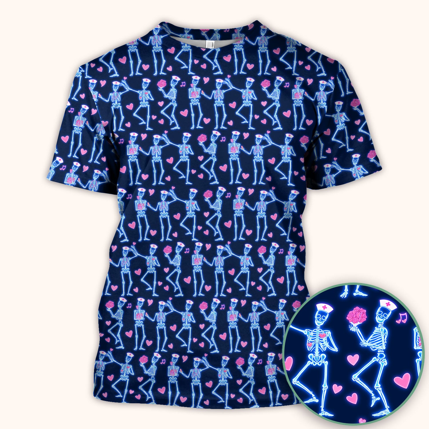 Skeleton Nurse Heart Pattern Scrub Top, Playful Nurse Style, Breathable Fabrics Nursing Uniform