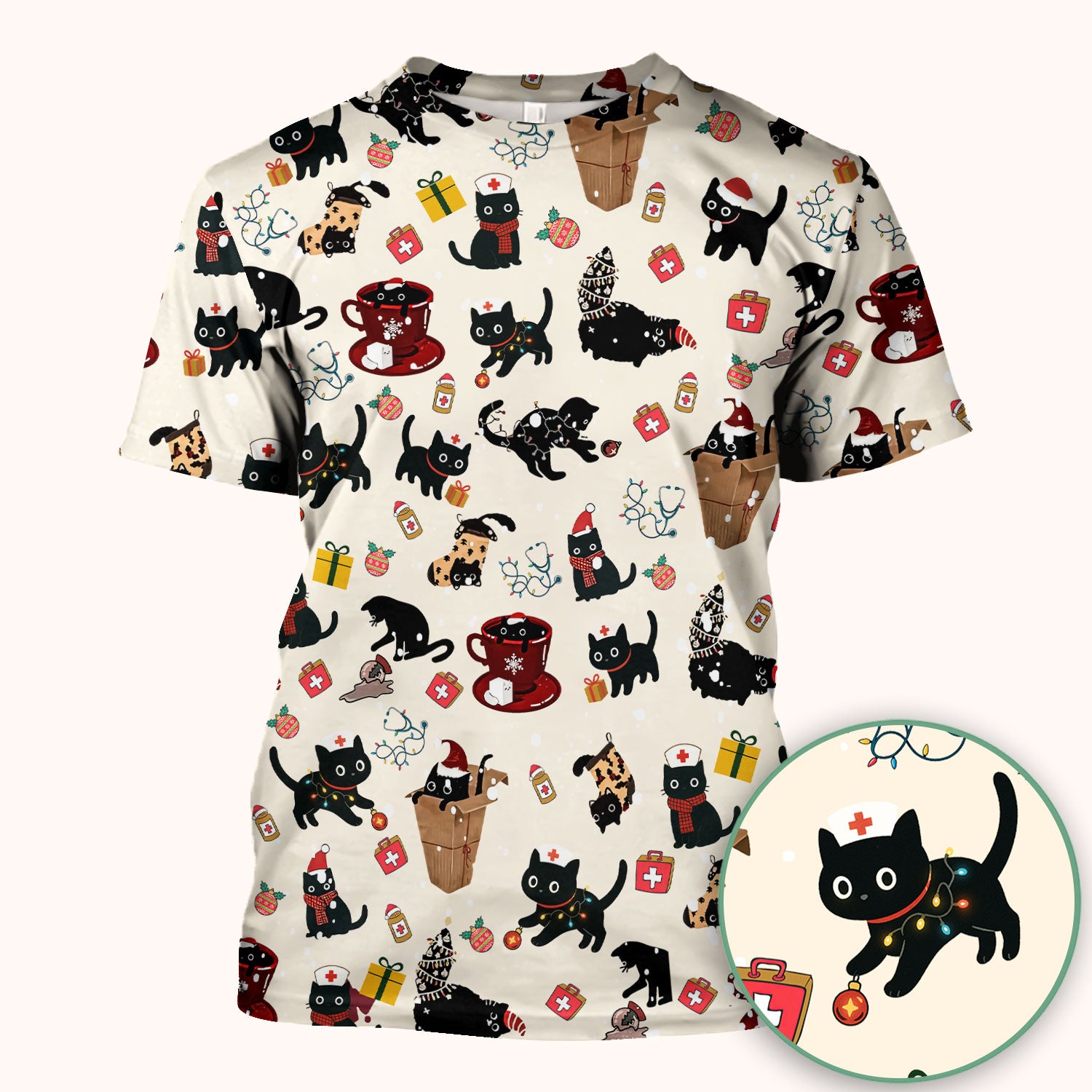 Christmas Cat Scrub Top for Nurse - Funny Black Cats Shirt - Cute Holiday Medical Uniform for Women