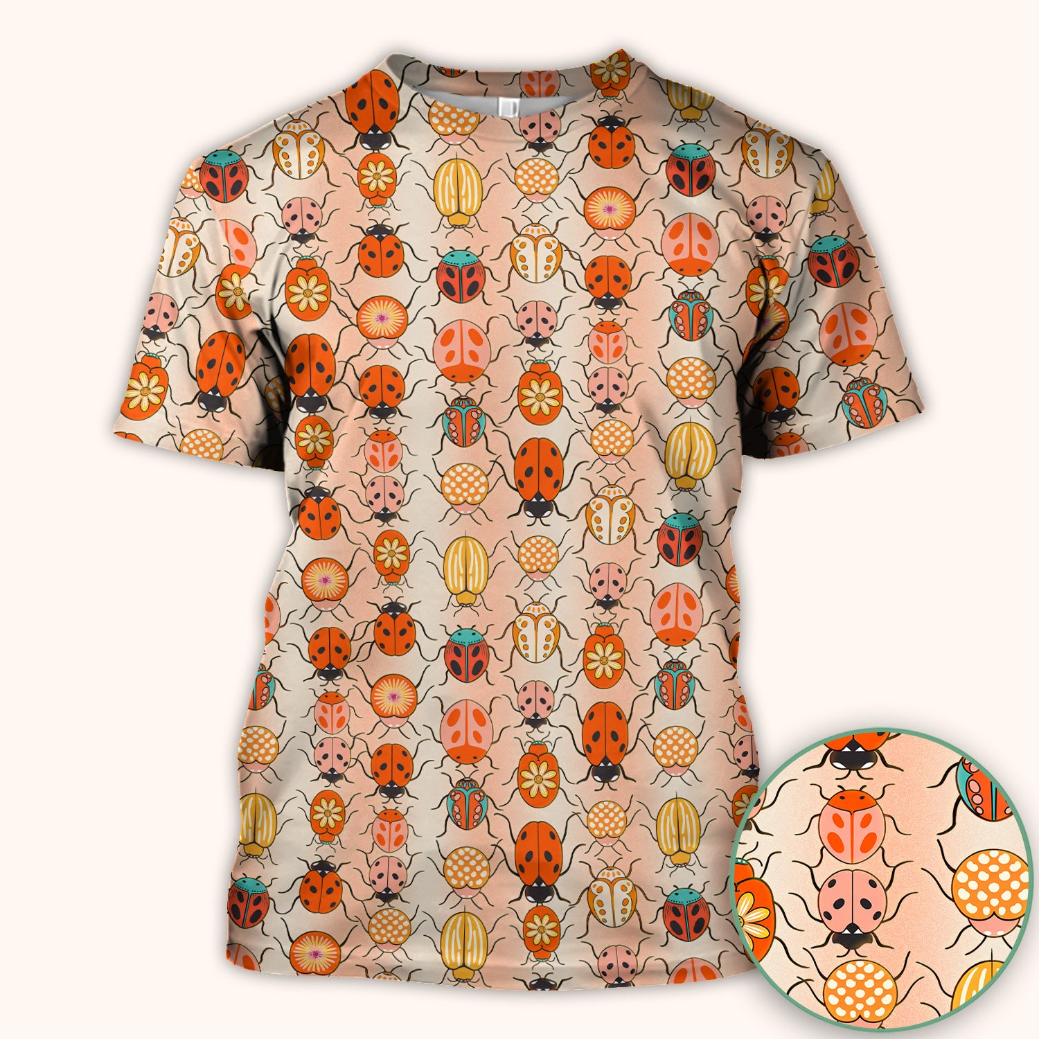 Cute Ladybug Beetle Floral Pattern Scrub Top, Breathable Fabrics Nursing Uniform