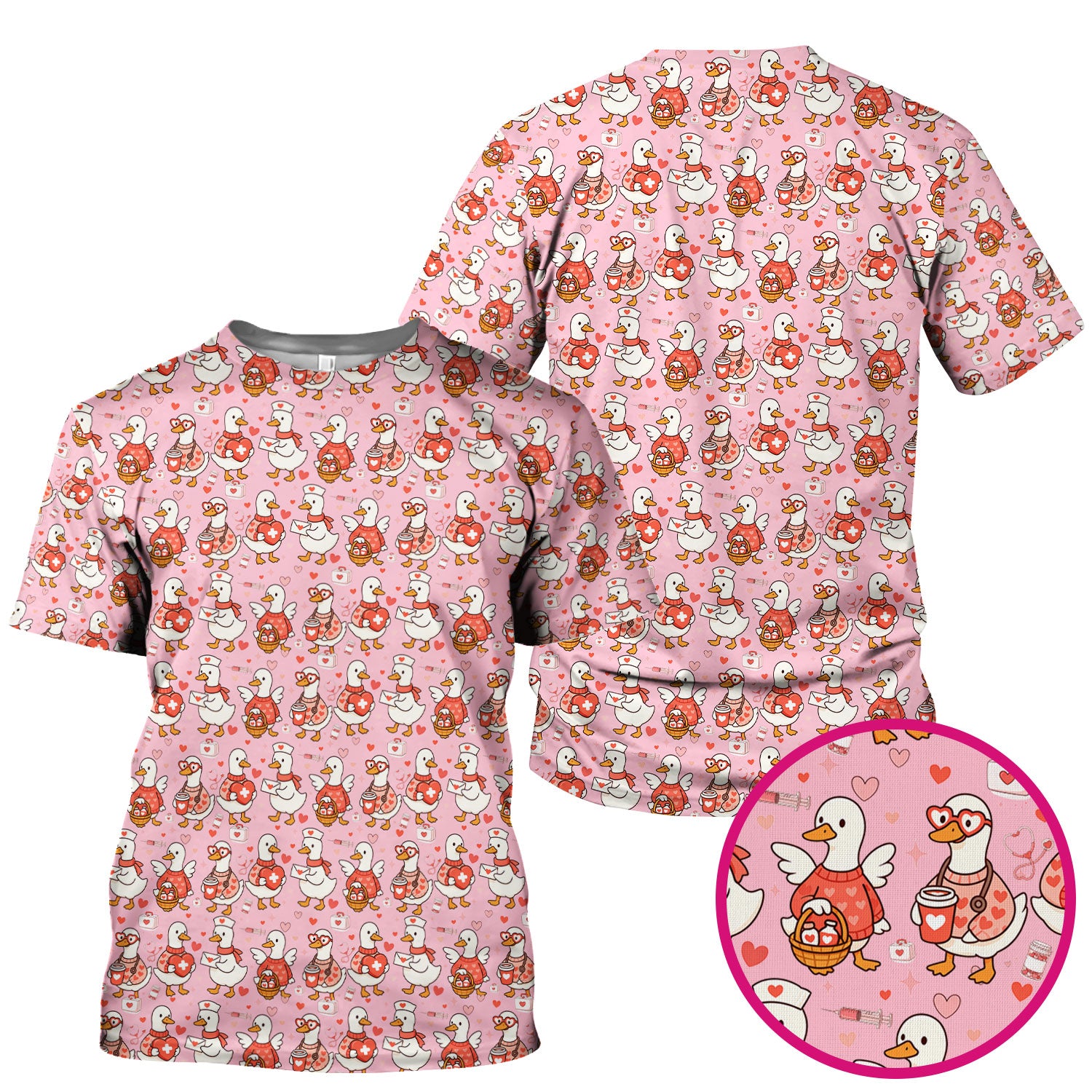 Valentine Goose Nurse Scrub Top, Heart Medical Pattern Nurse Shirt, Breathable Fabrics Nursing Uniform