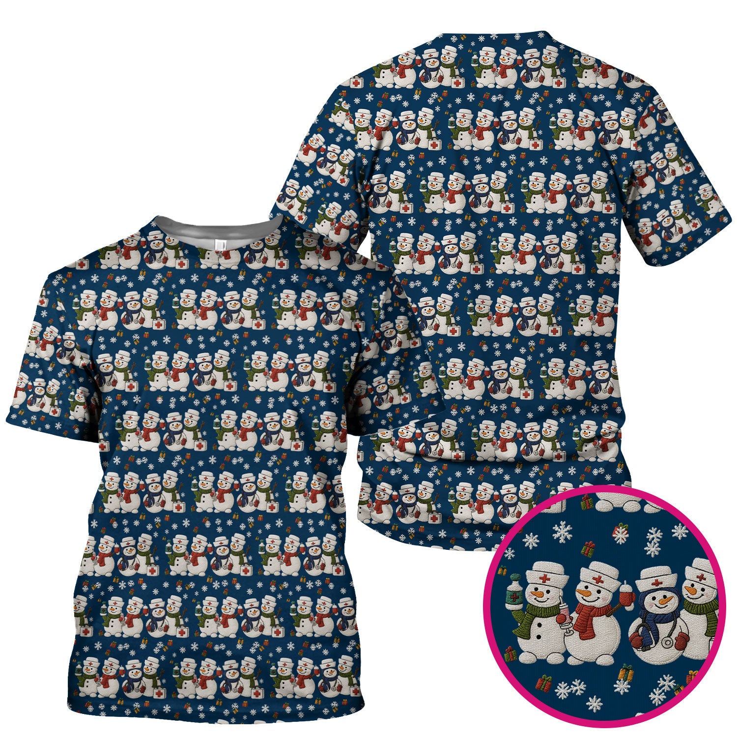Cute Christmas Snowman Nurse Pattern Scrub Top, Breathable Fabrics Nursing Uniform