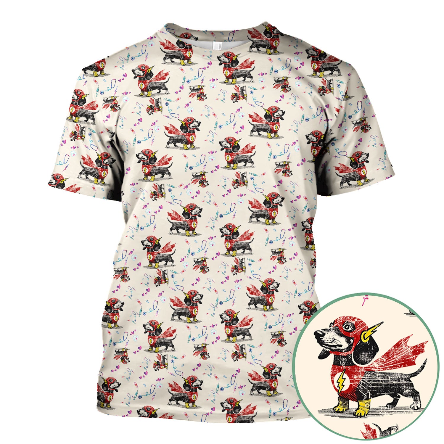 Dachshund Hero Scrub Top for Nurses - Super Nurse Funny Flash Dog Print Medical Uniform Shirt - Cute Sausage Dog Gift for RN CNA LPN