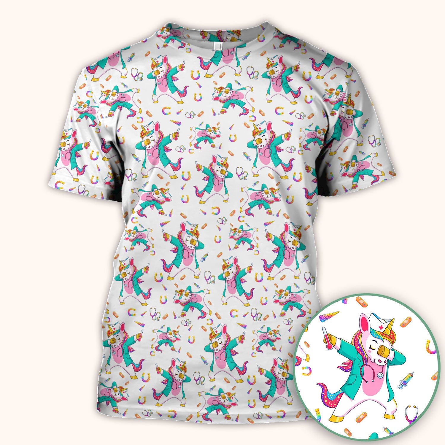 Cute Unicorn Nurse Dance Pattern Scrub Top, Breathable Fabrics Nursing Uniform