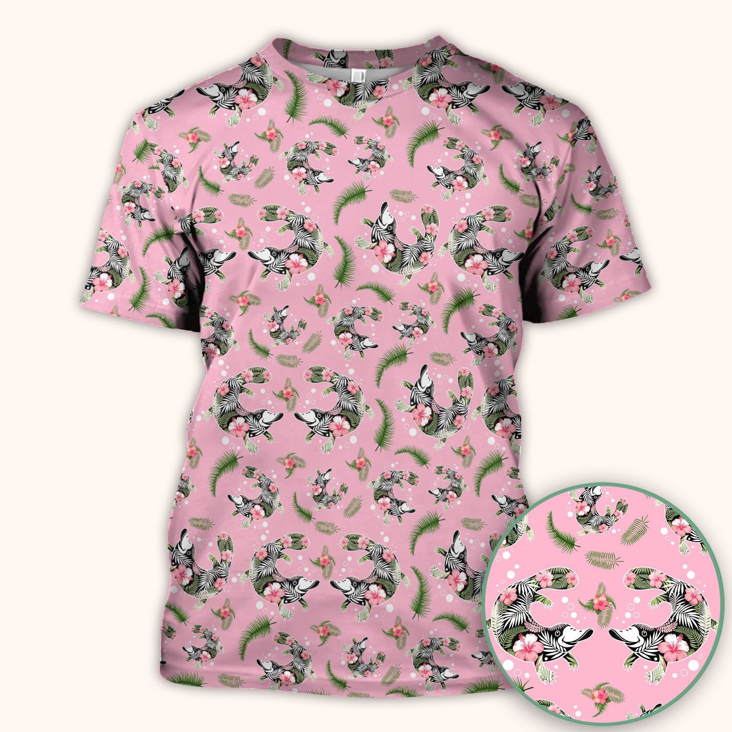 Cute Platypus Scrub Top, Tropical Floral Animal Pattern Nurse Shirt, Breathable Fabrics Nursing Uniform