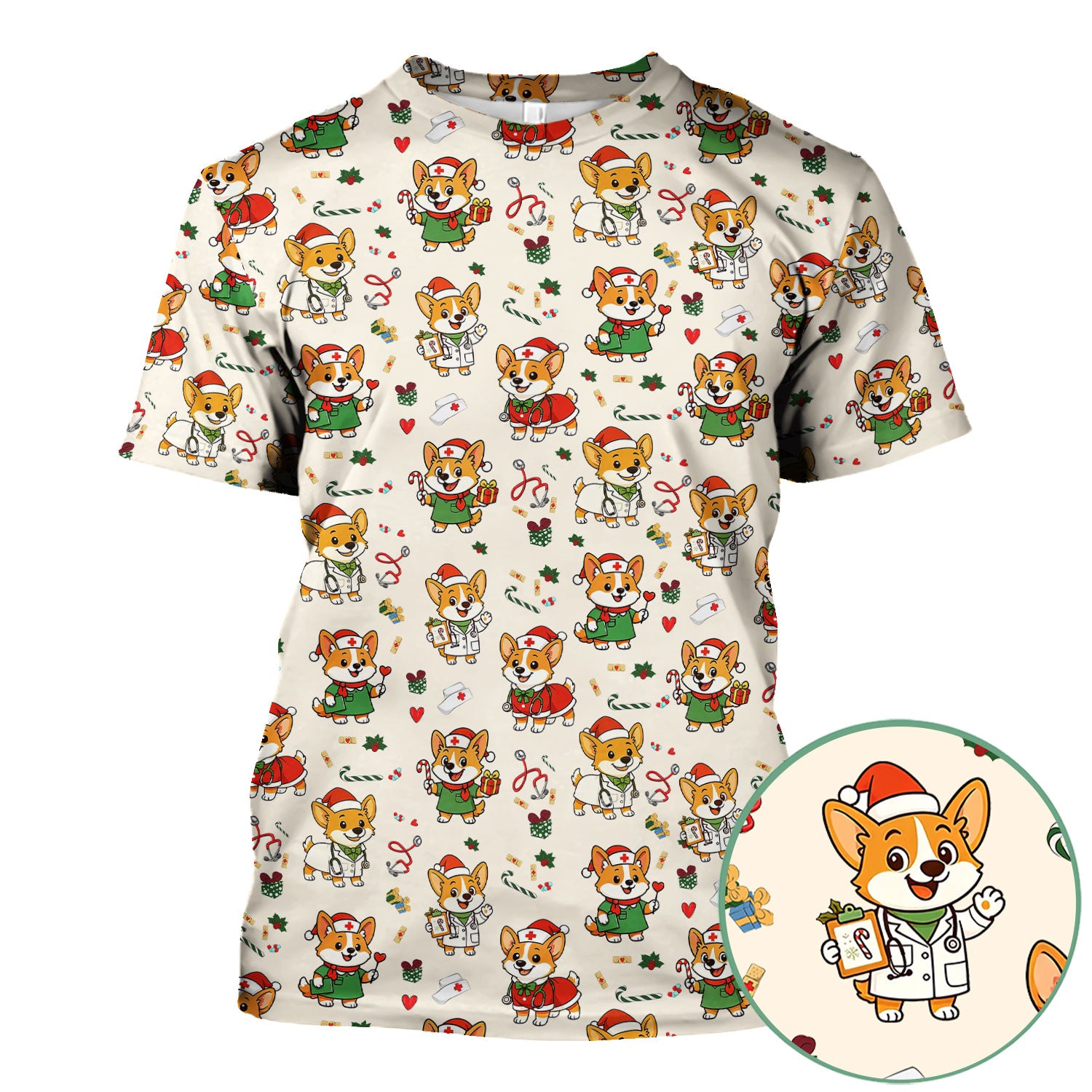 Christmas Corgi Nurse Scrub Top - Cute Dog Holiday Medical Uniform for Women - Funny RN CNA LPN Nursing Shirt Gift