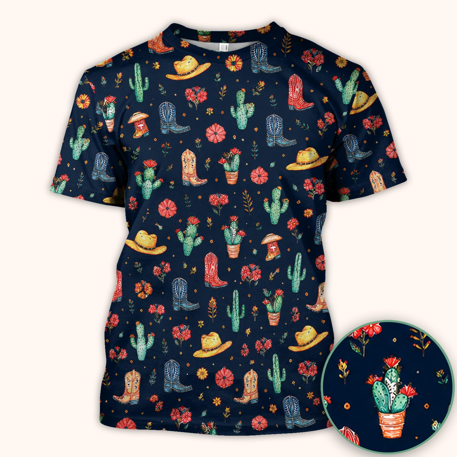 Whimsical Western Cactus Boots Pattern Scrub Top, Breathable Fabrics Nursing Uniform