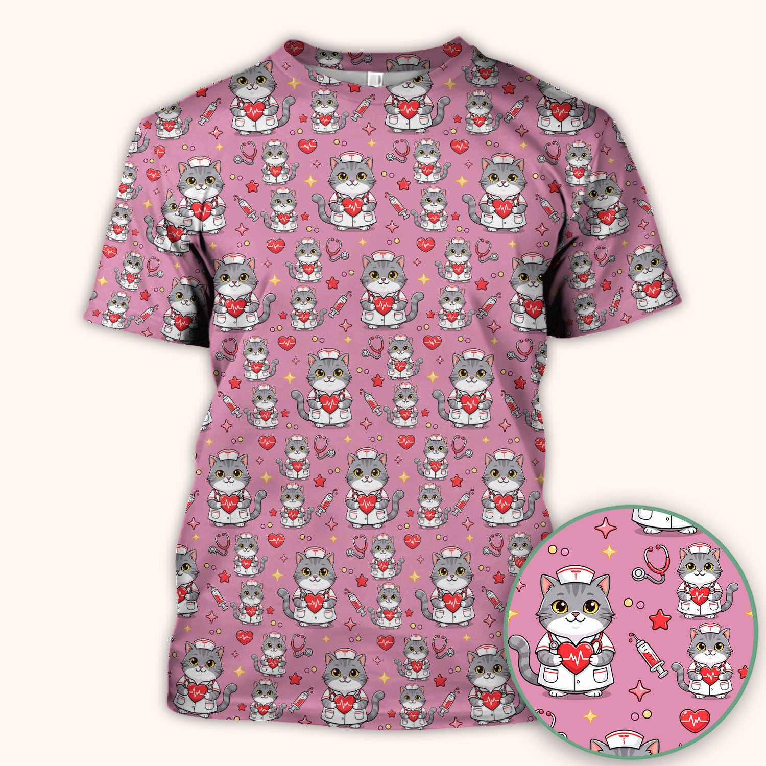 Cute Nurse Cat Heart Medical Print Scrub Top, Comfortable Scrubs for Nurses