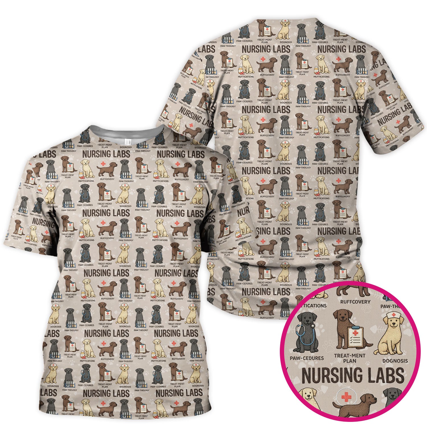 Playful Nursing Labs Dog Pattern Scrub Top, Comfortable Scrubs for Nurses