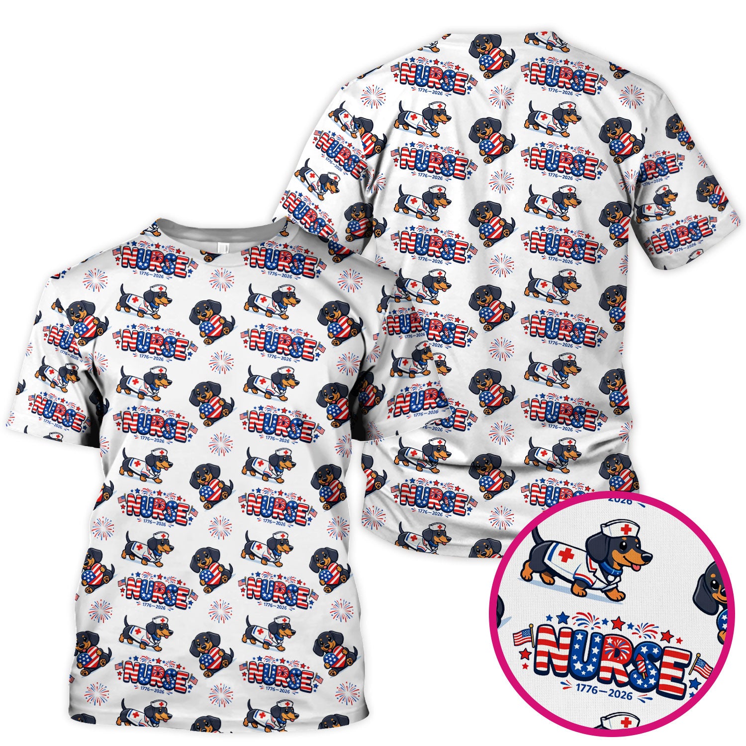 Proud Nurse Patriotic Dachshund Medical Firework Pattern Scrub Top, Comfortable Scrubs for Nurses