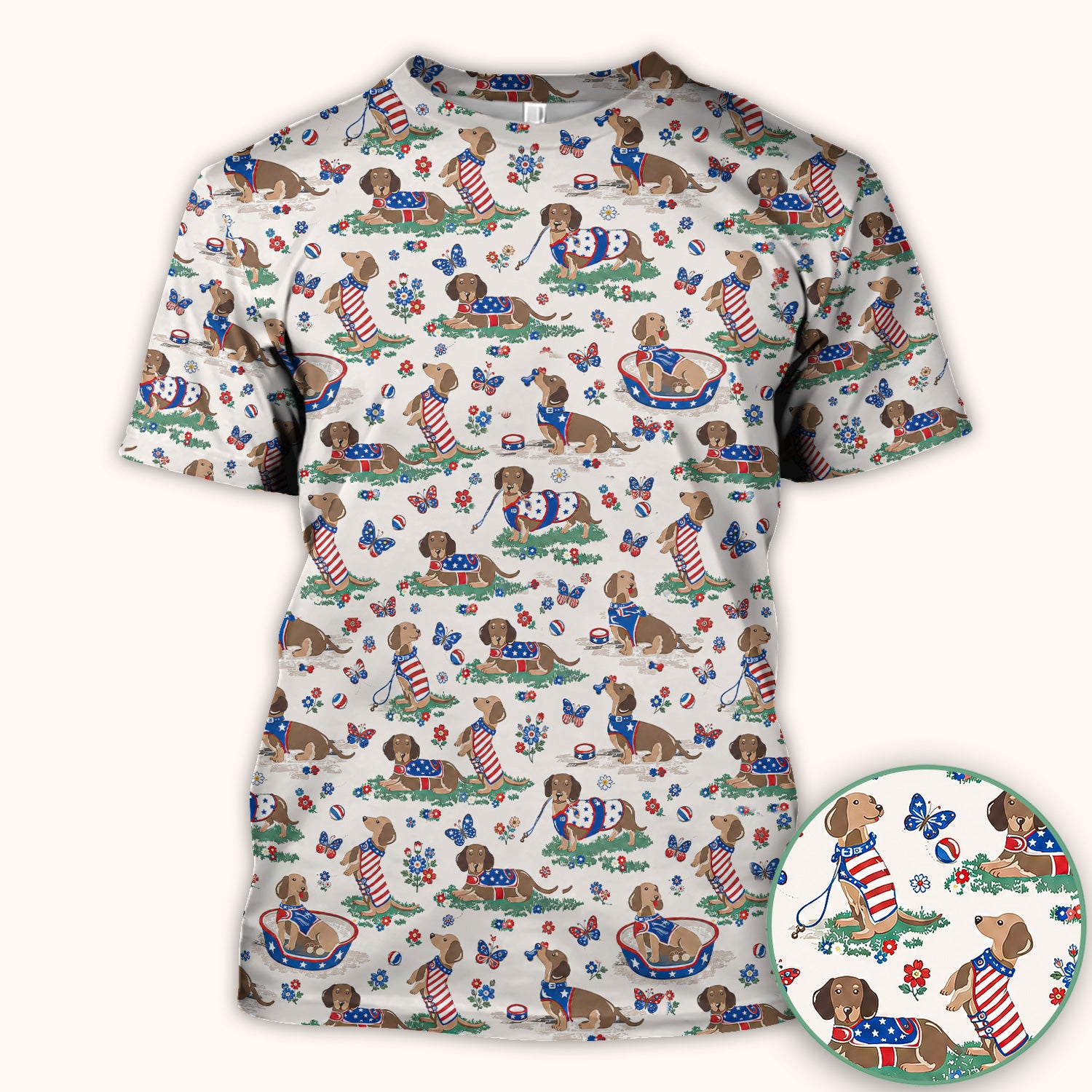 Patriotic Dachshund Garden Party Pattern Scrub Top, Comfortable Scrubs for Nurses