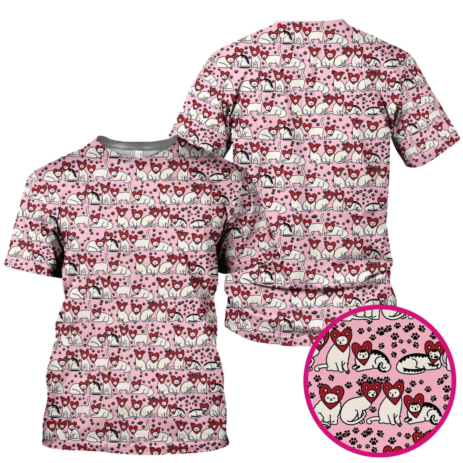 Cute Cat Heart Pattern Scrub Top, Funny Cat Scrub Shirt For Nurses, Breathable Fabrics Nursing Uniform