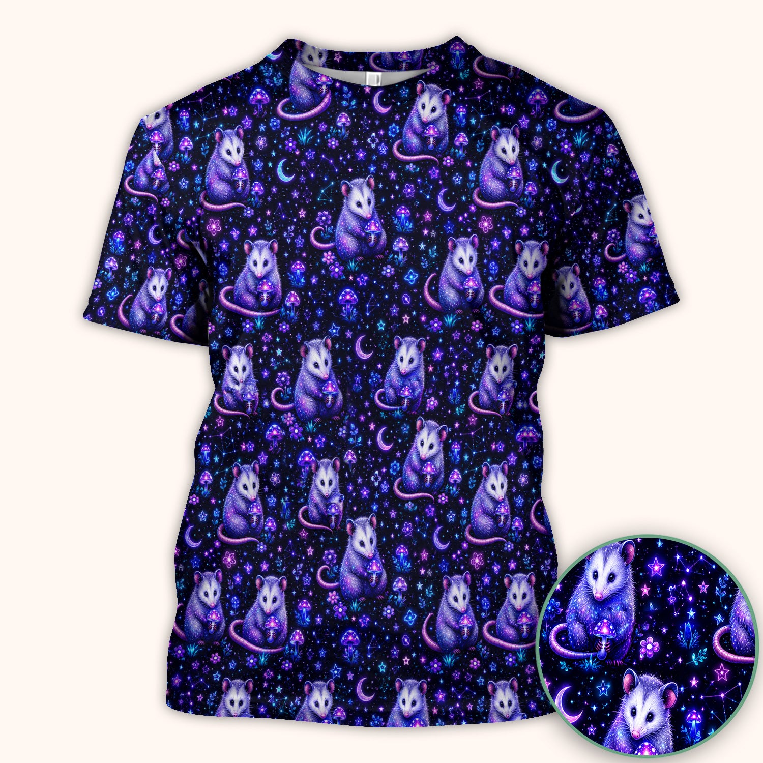 Neon Opossum Mushroom Galaxy Pattern Scrub Top, Comfortable Scrubs for Nurses